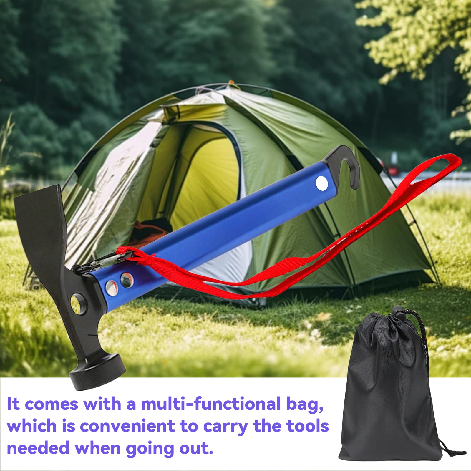 Marteau de camping, 30,5 cm, avec crochet et mini houe, marteau en aluminium, marteau de camping d'extérieur, multifonctionnel, avec sac de rangement, bleu
