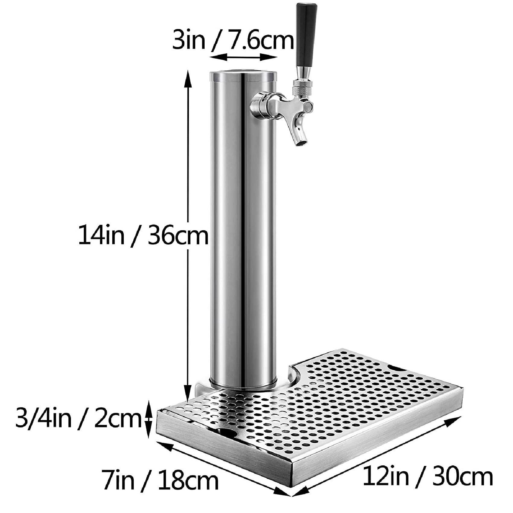 Kit de torre Kegerator de un solo grifo de acero inoxidable, ideal para fiestas, Copa del Mundo, Navidad y eventos, incluye bandeja de goteo de 12 x 7 pulgadas, columna de 3 diámetros