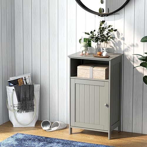 Miniatura 7 de Giantex Armario de almacenamiento de piso de baño, gabinete lateral con compartimento abierto, estante ajustable de 3 posiciones, base elevada,