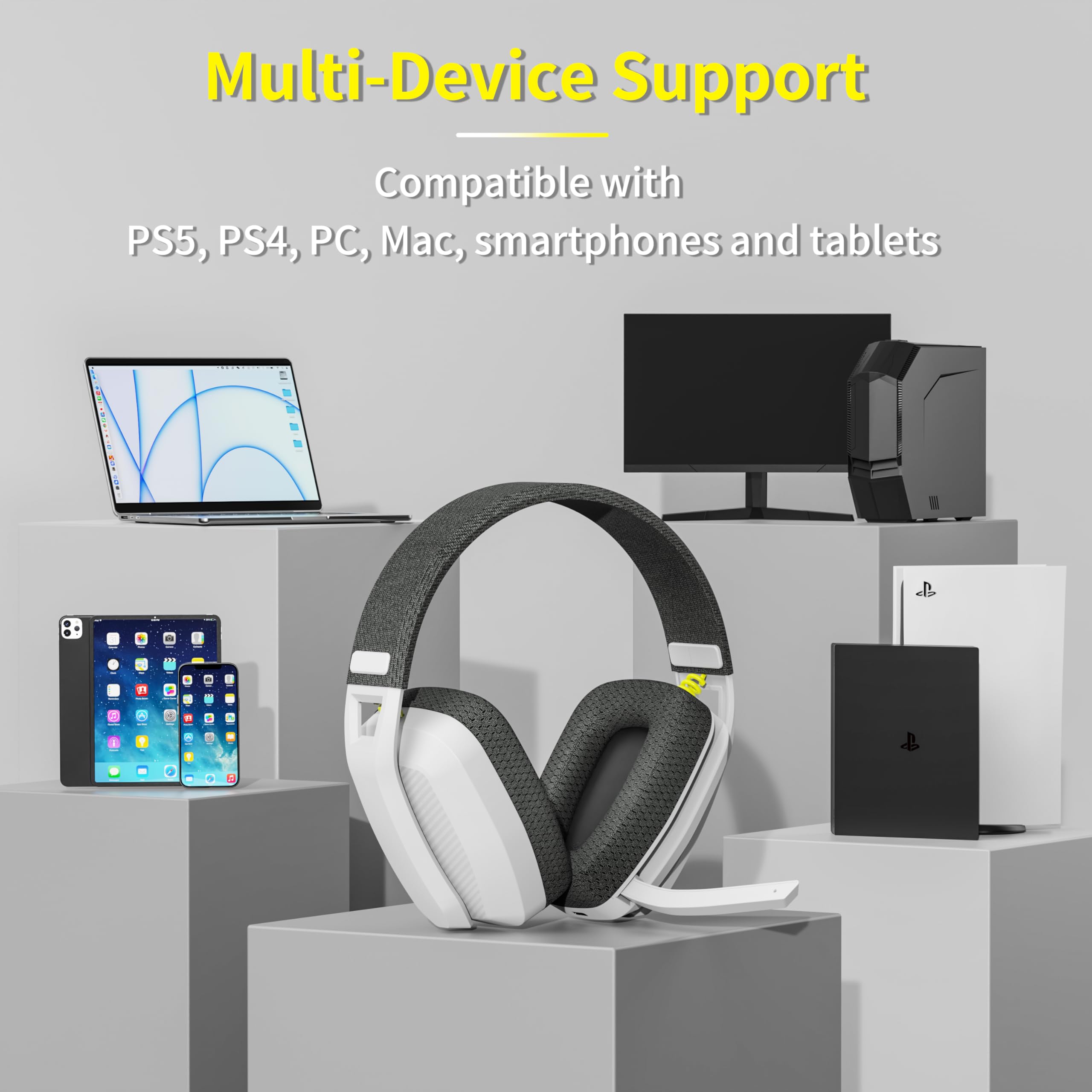 BINNUNE Cascos Gaming inalambricos con Micrófono para Playstation 4 5 PS4 PS5 PC, Auriculares Gaming inalambricos Bluetooth con ENC Micro, Batería de 48 Horas, LE Audio- Blanco