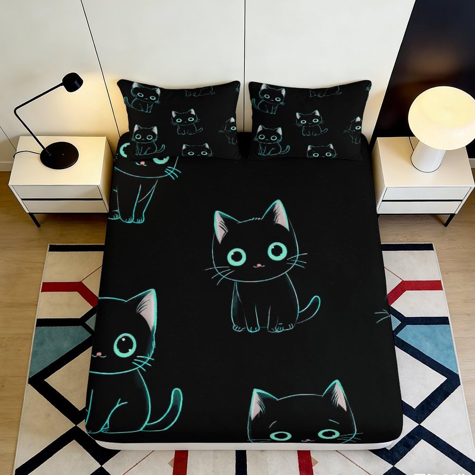 Pnayamiorkfel Style-1 3D Printed Cute Black Cat Fitted Sheet Microfiber Soft Breathable Cartoon Animal Bed Cover For Bedroom Dorm Apartment Decor 90X200x25cm