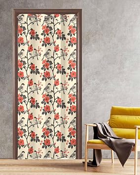 Japanese Blackout Door Curtain Panels for Doorway,Bedroom Thermal Insulated Drapes Kitchen Window Sliding Door Curtains Room Divider Cover 78 Inch Length,Cherry Blossom Tree Branch Birds Spring