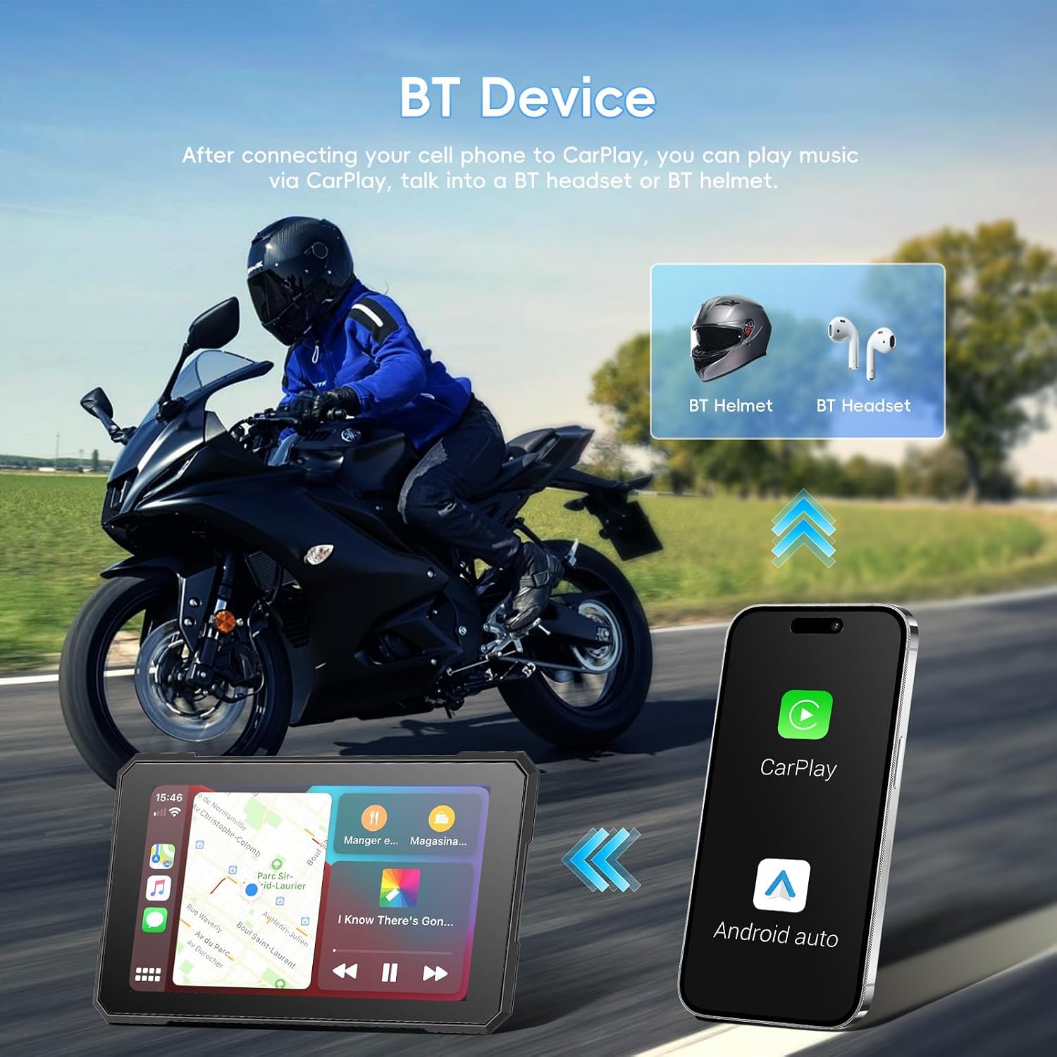 CAMECHO Motorcycle CarPlay Screen with 1080P Dash Cam Front & Rear Camera, Wireless Car Play Screen for Apple CarPlay & Android Auto, 5" Waterproof GPS Navigation Screen, Bluetooth Trans, WiFi Video
