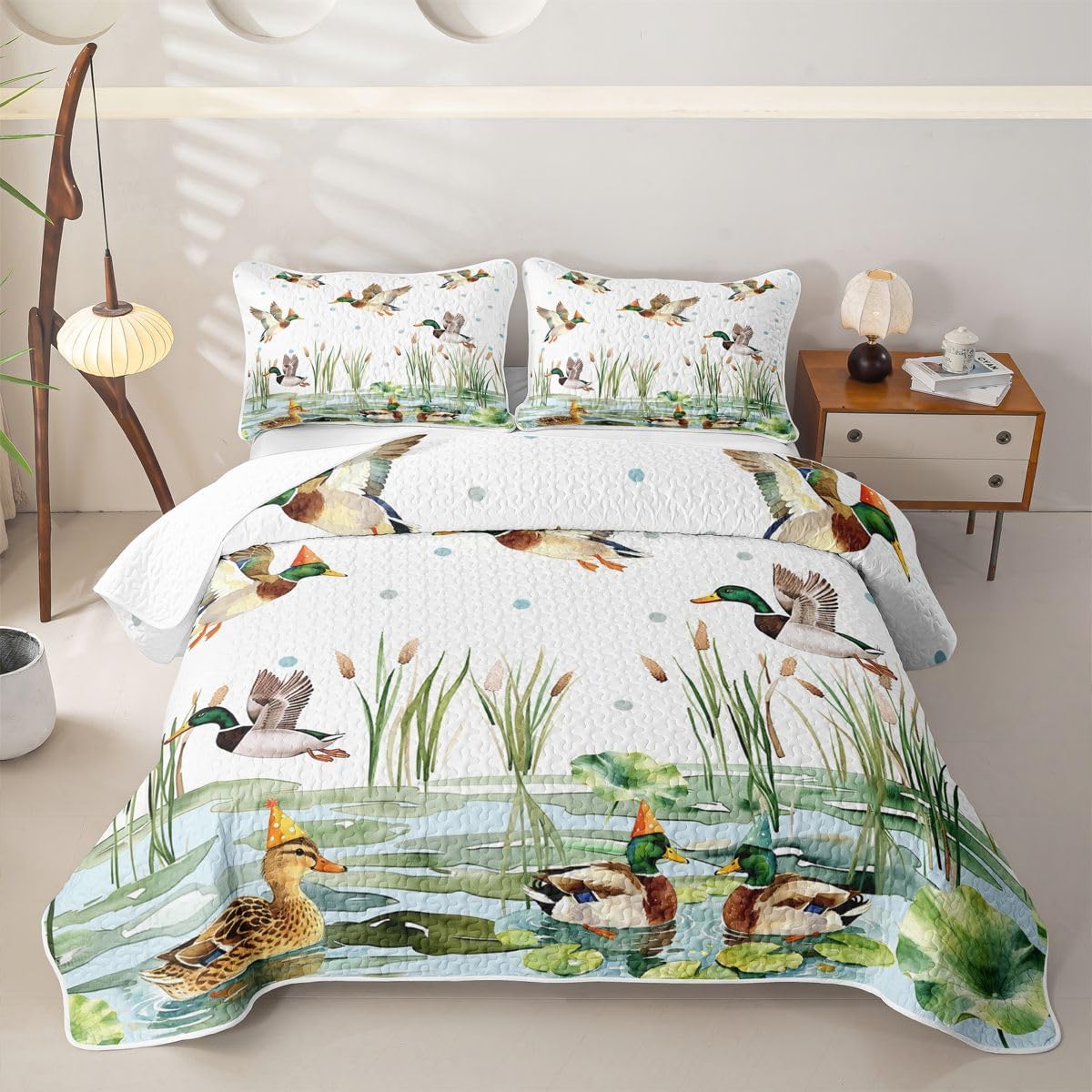 jejeloiu Cute Mallard Quilt Set Twin Size Kids Boys Girls Bedding