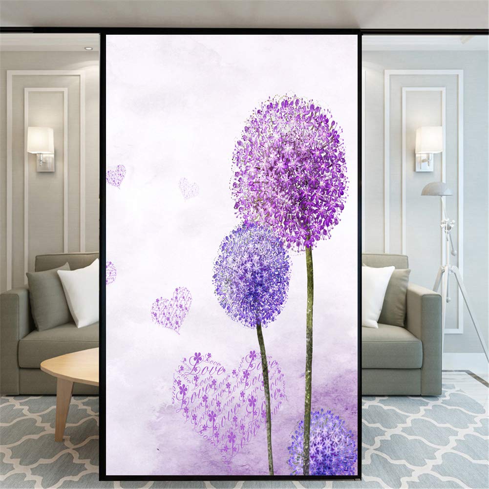 Folia szklana Prywatność folia okienna statyczne przyleganie bez kleju dekoracyjne fioletowe zabiegi na okna mniszka lekarskiego zasłony okienne szklana naklejka do domu(70x180cm)