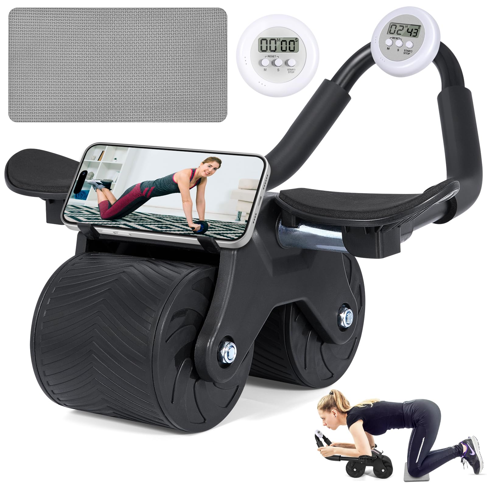 ROELLY Rouleau Abdominal à Rebond Automatique,Roulette Abdominaux, Conception Antidérapante et Stable à Double Roue, Roue Abdominale Assistée,Avec Genouillère et Minuterie Magnétique,Aptitude