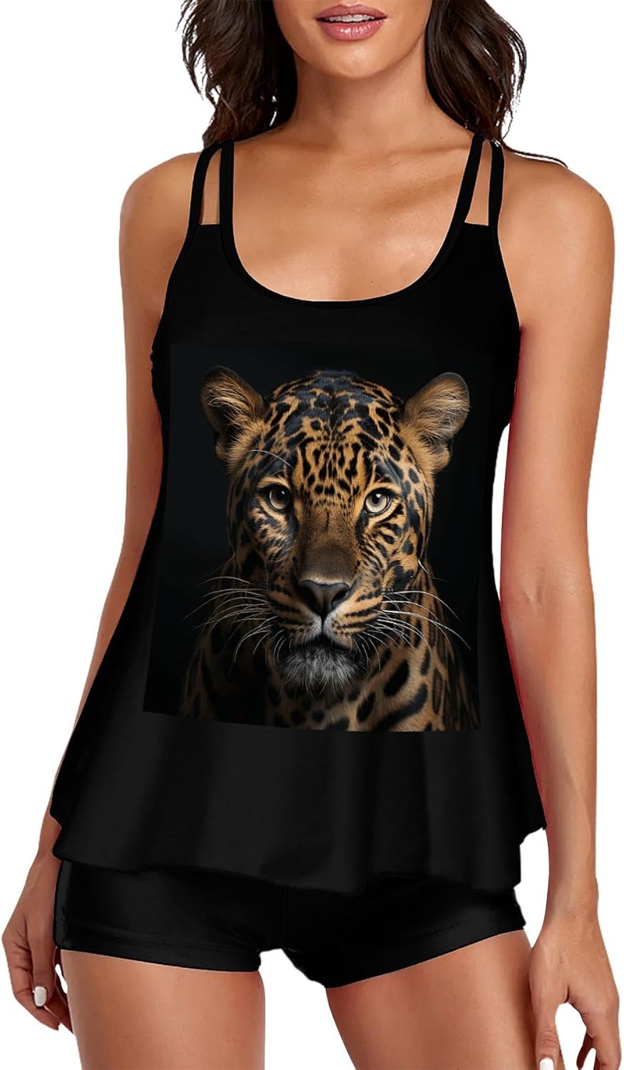 Leopard Tankini Swimsuits for Women Tummy Control Two Piece Bathing Suits Swim Tops with Boy Shorts