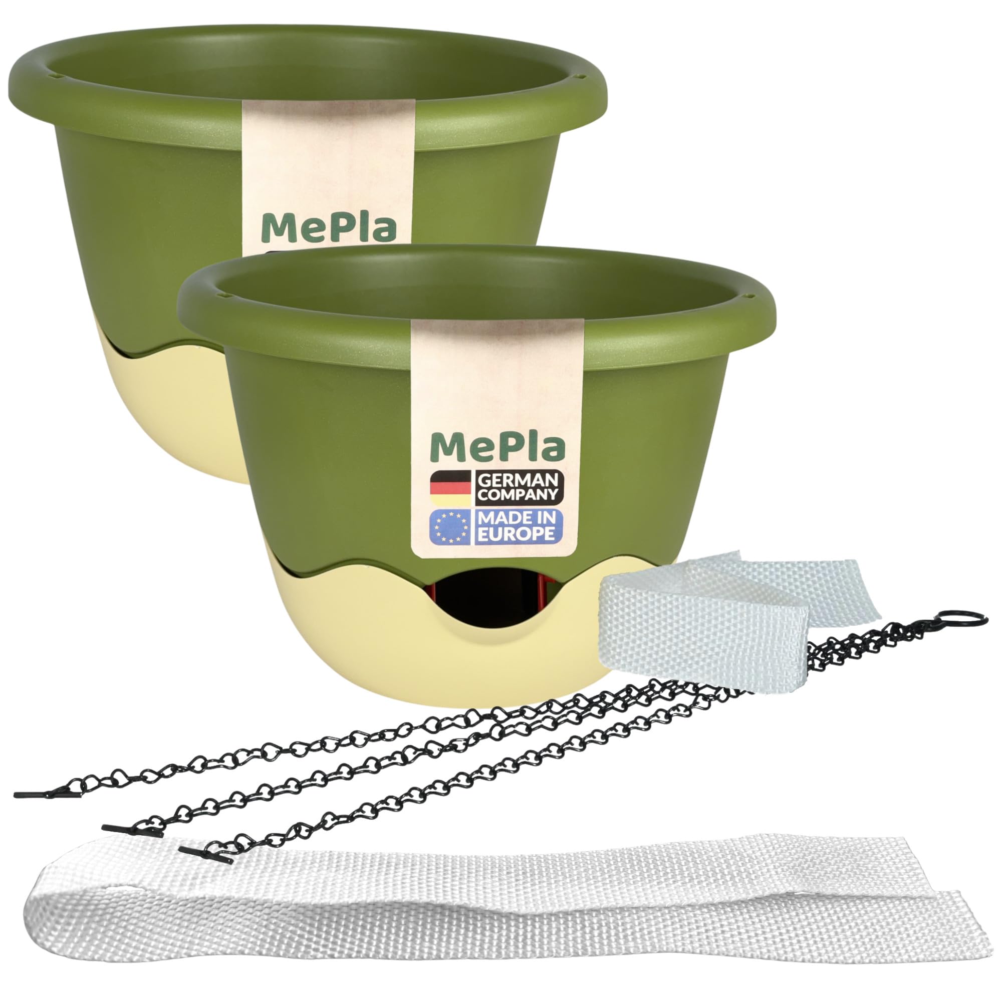 MePla - Lot de 2 pots de fleurs Mareta ø25 cm vert/ivoire + 1 bande d'irrigation de rechange de 62 cm - Jardinière suspendue auto-arrosante avec réservoir d'eau - Résistant aux UV et aux intempéries