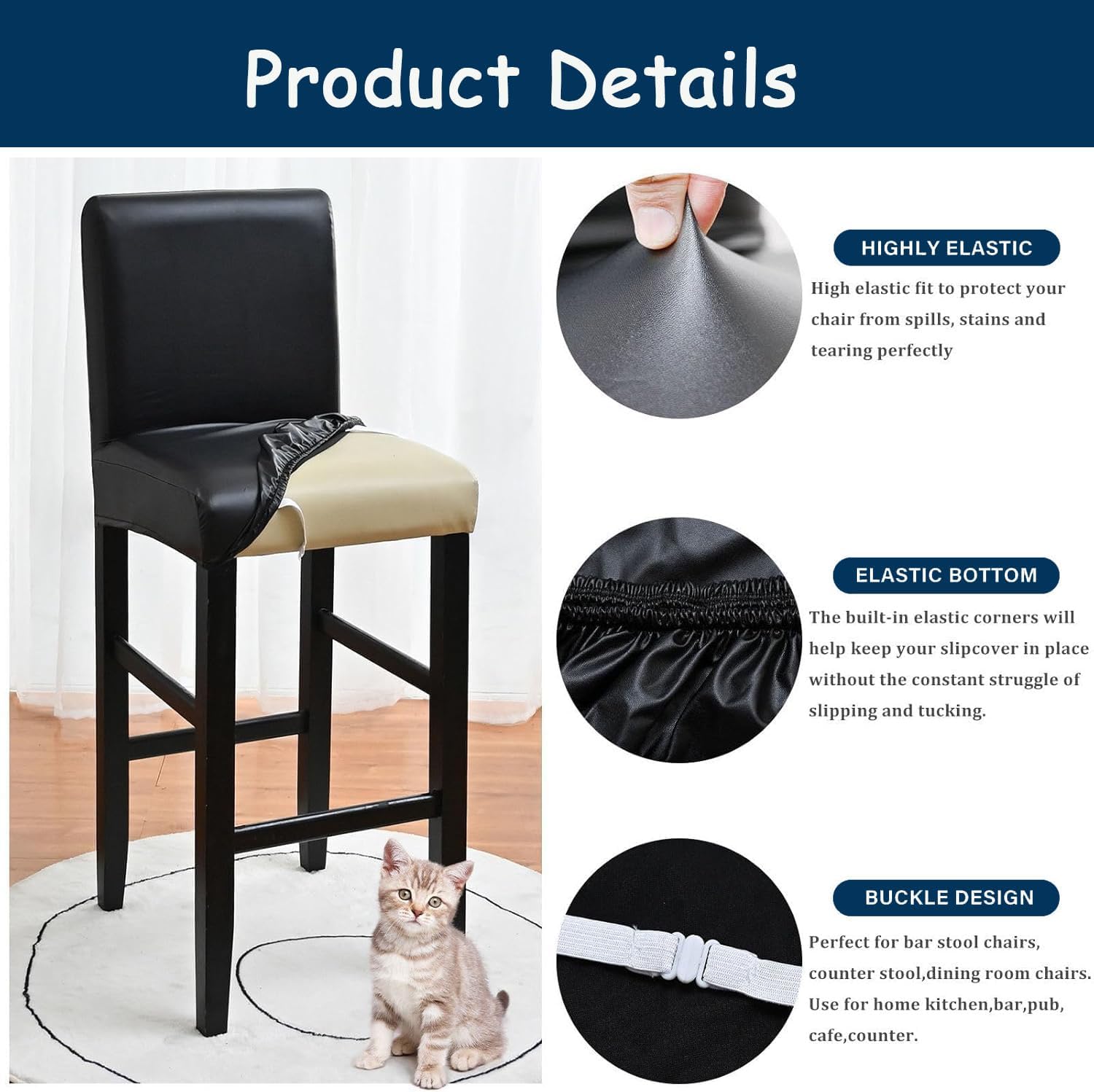 YOPOIY PU Leather Bar Stool Covers Cat Scratch Proof, Waterproof Bar Stool Chair Covers Set of 6 4 2, Stretch Counter Pub Chair Slipcover for Dining Room (Light Gray,Set of 6)