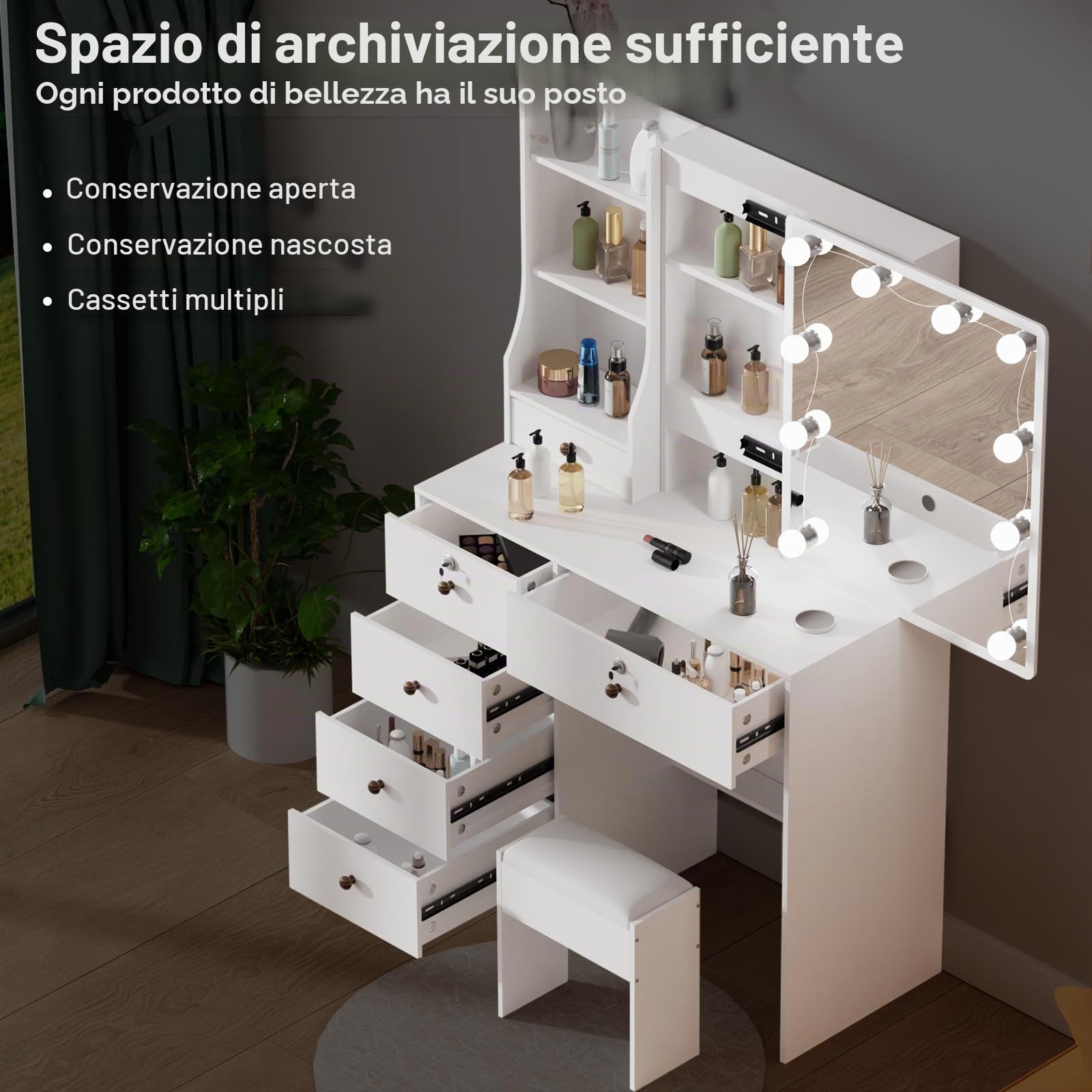 Tavolo da toeletta con illuminazione a LED e specchio, tavolo da condimento, vanity desk per make up, 3 colori con luminosità regolabile - 39
