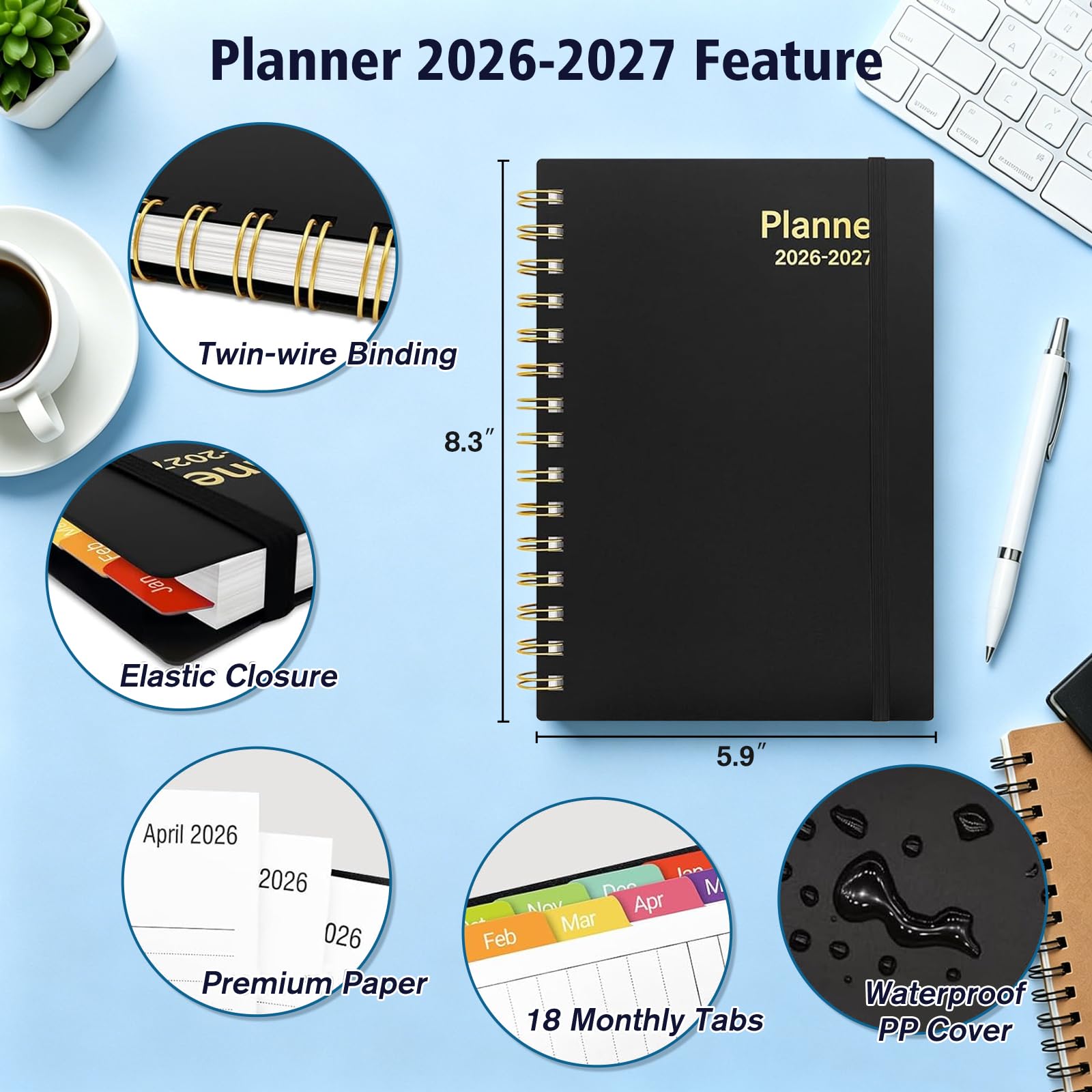 Tagesplaner 2026-2027, 18-Monatsplaner mit Registerkarten, Januar 2026-Juni 2027, Wochen- und Monatskalender, Spiralzeitmanagement, 100 g/m² dickes Papier, Doppeldrahtbindung, A5, Schwarz