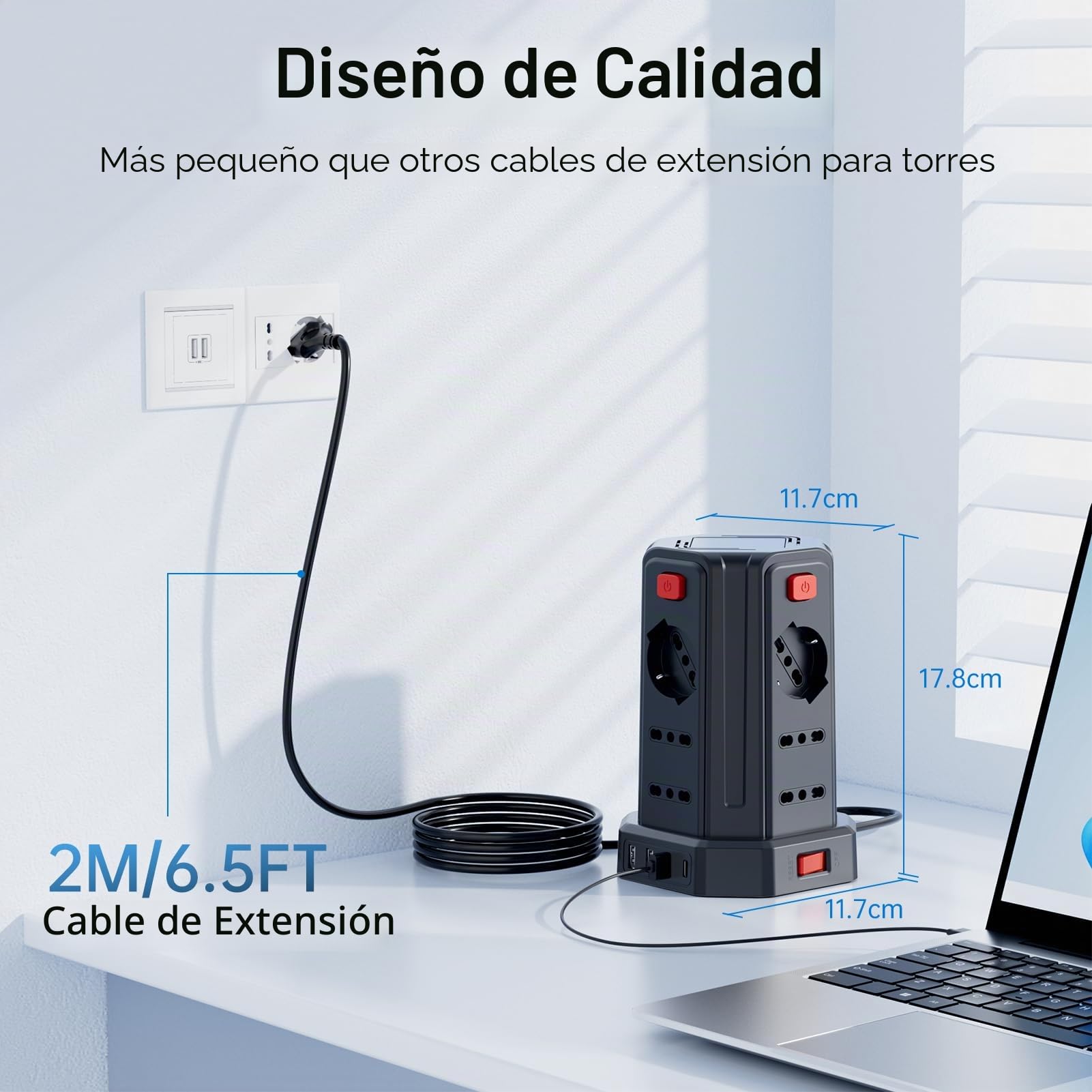 Regleta eléctrica con 12 Tomas universales 10/16 A ITA y Schuko y 3 USB A+1 USB C protección contra sobretensión con 4 interruptores Independientes, Negro