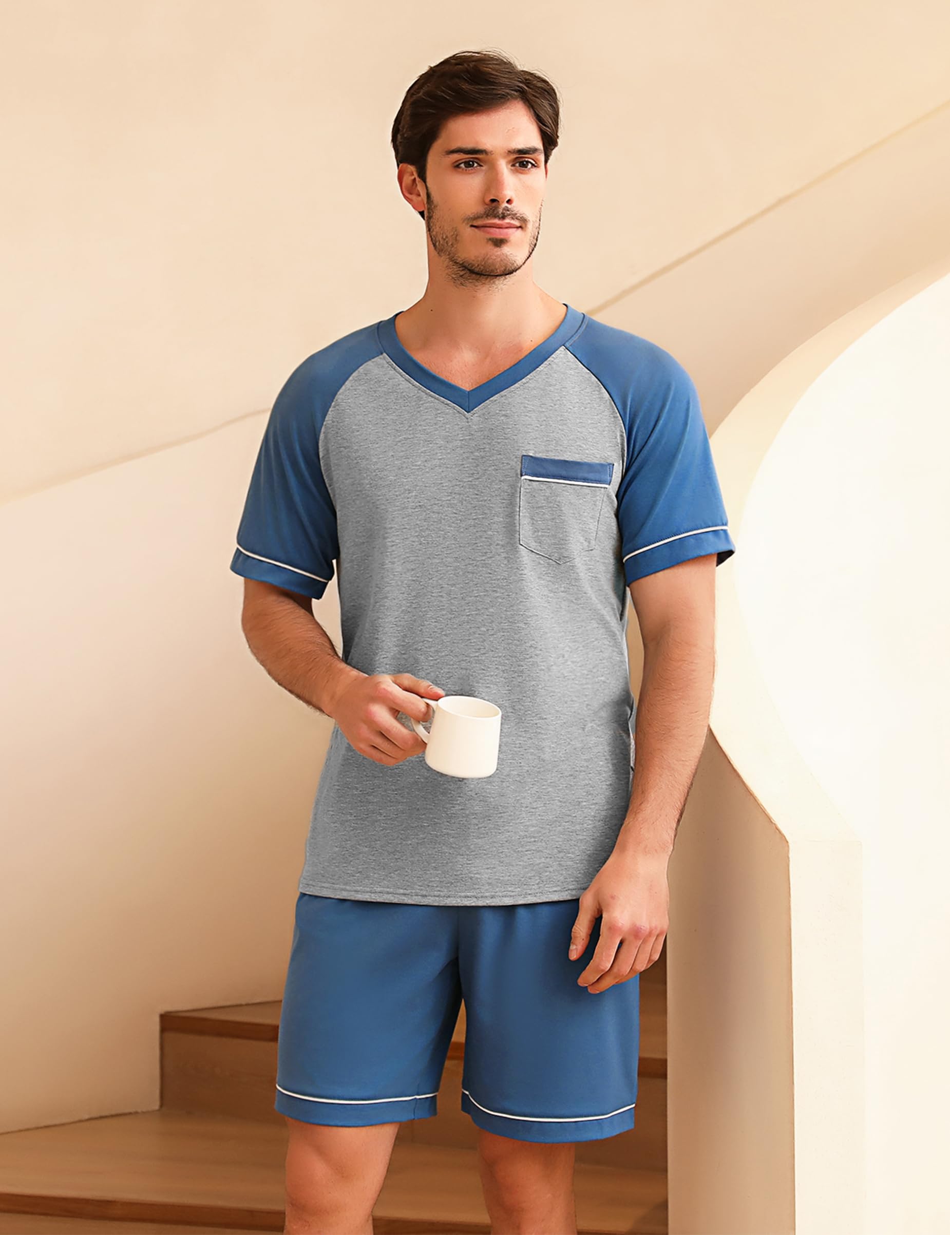 Pijama Hombre Verano Algodón Conjunto de Pijamas Manga Corta y Pantalon Pijama Corto Ropa de Dormir 2 Piezas Bolsillos S-XXL