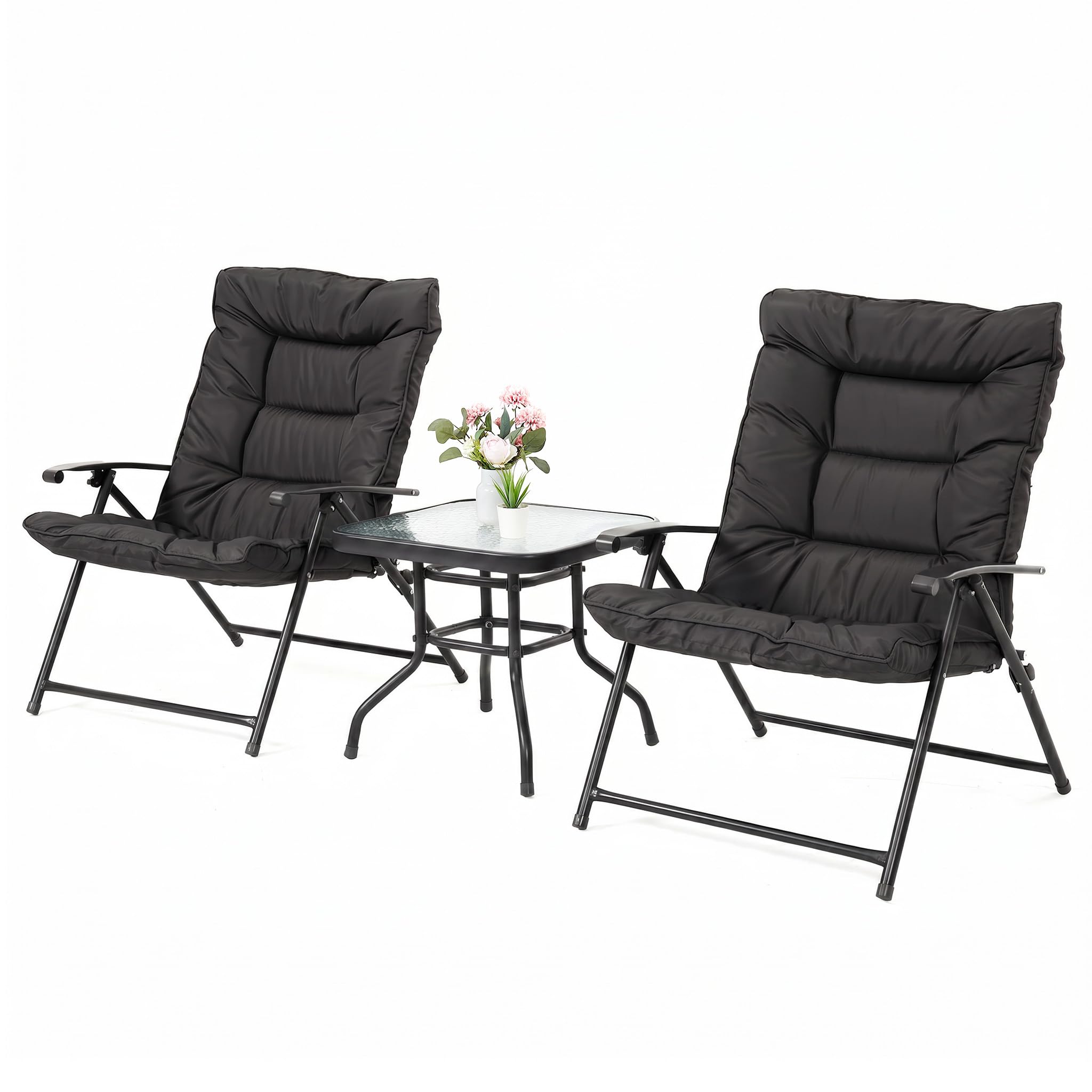 Mondeer Balkonmöbel Set 3 Teilig mit Klappstühlen und Polsterung (Schwarz) | Tisch aus gehärtetem Glas, atmungsaktiv, Klappstühle, Terrassenmöbel-Set für Balkon, Hinterhöfe, Pool