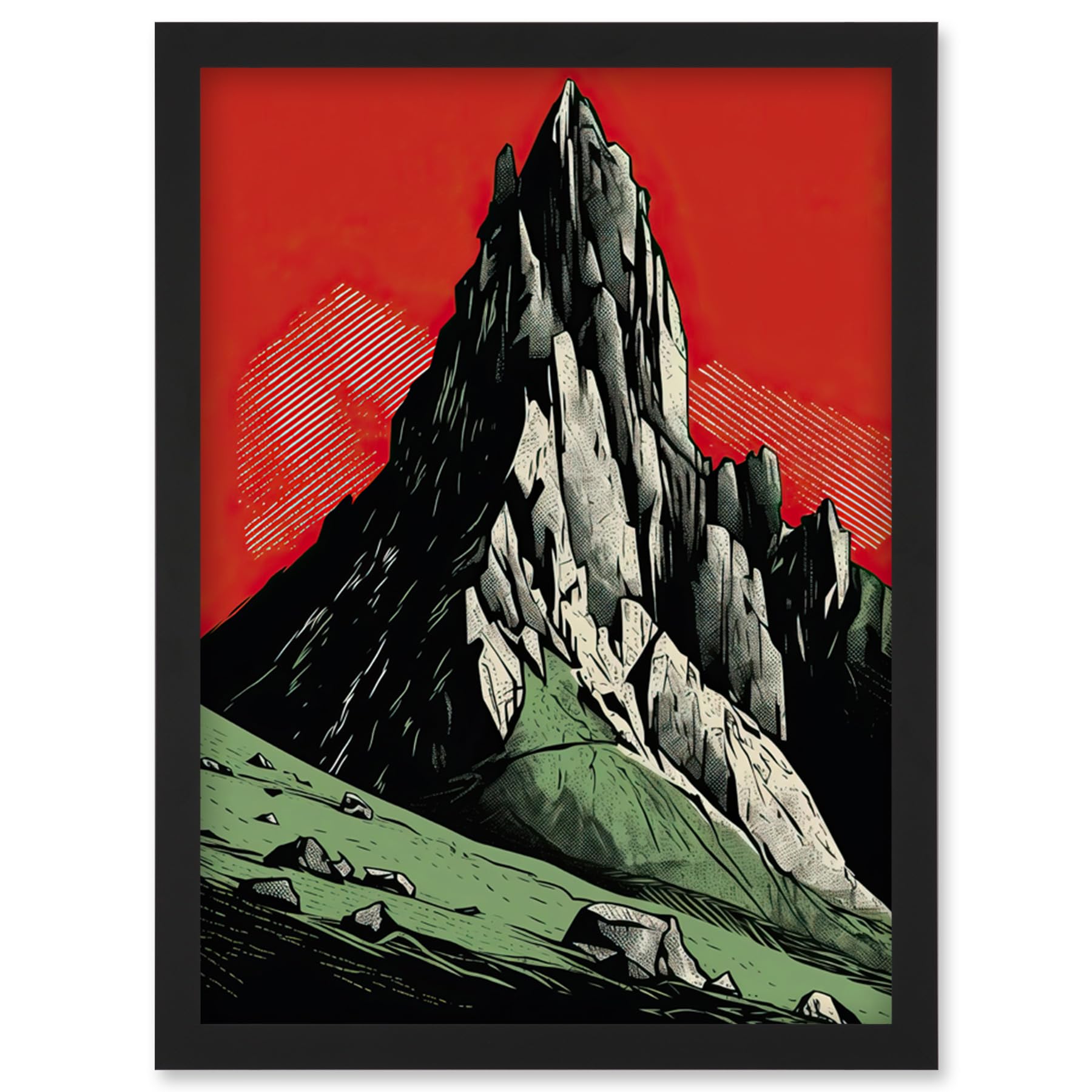 Artery8 Tryfan Mountain Peak Bold Linocut Illustration Artwork Framed Wall Art Print A4
