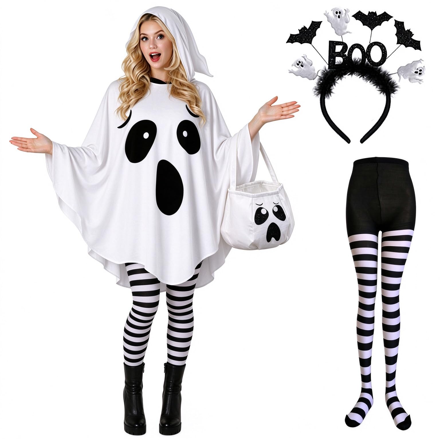 4-Piece Ghost Costume Women, Womens Ghost Halloween Costume Adult, Ladies Ghost Costume with Ghost Poncho and Headband, Halloween Costumes Adult Women Ghost, Ghost Sheet Costume Adult Set