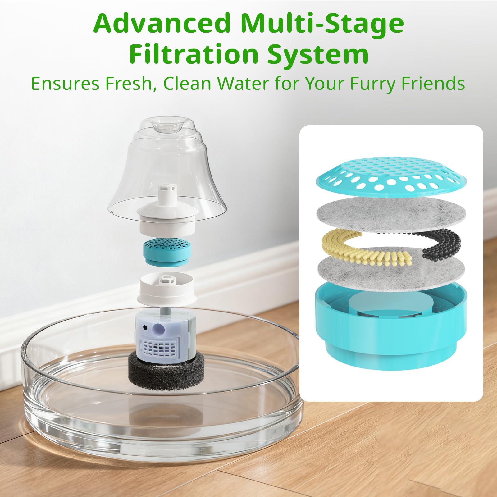 Fuente de agua de vidrio para gatos, 2,7 L, dispensador automático de agua para mascotas con bomba silenciosa, fuente de agua para gatos y perros pequeños, fácil de limpiar
