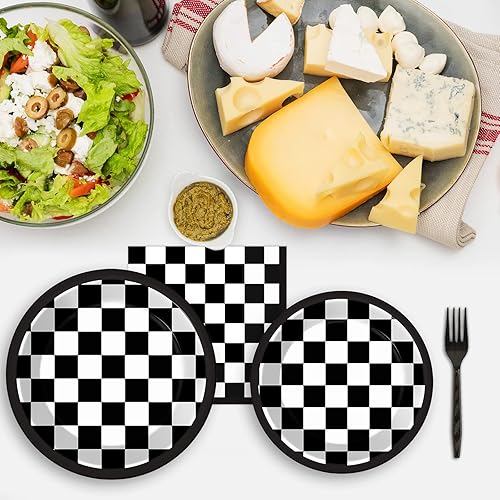 Miniatura 5 de Juego de 96 piezas de vajilla a cuadros en blanco y negro para decoración de mesa de coches de carreras, suministros de platos de postre
