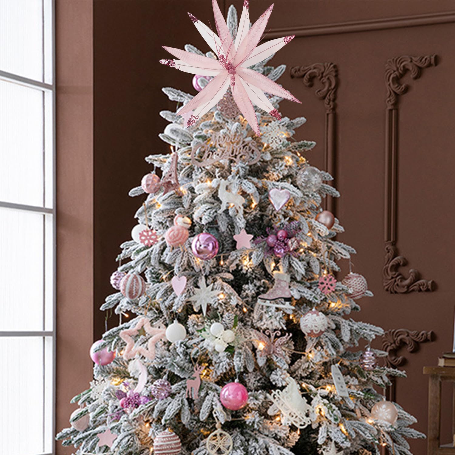Pack of 4 Extra Large Poinsettias for Christmas Tree,16inch Large Poinsettias Artificial Glitter Flowers Picks with 11.8inch Long Stems for Xmas Tree Party Holiday Wedding Decorations (Pink) - Image 4