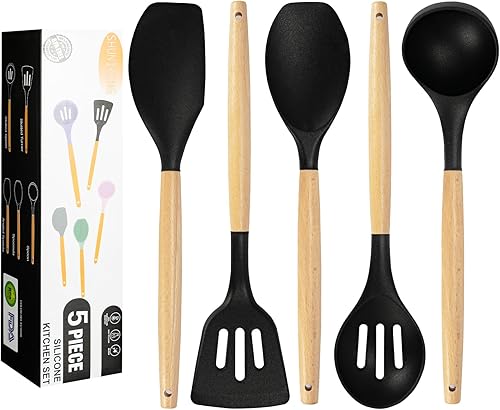 Juego de utensilios de cocina de silicona, utensilios de cocina de madera fáciles de limpiar, juego de utensilios de cocina con asas de madera de