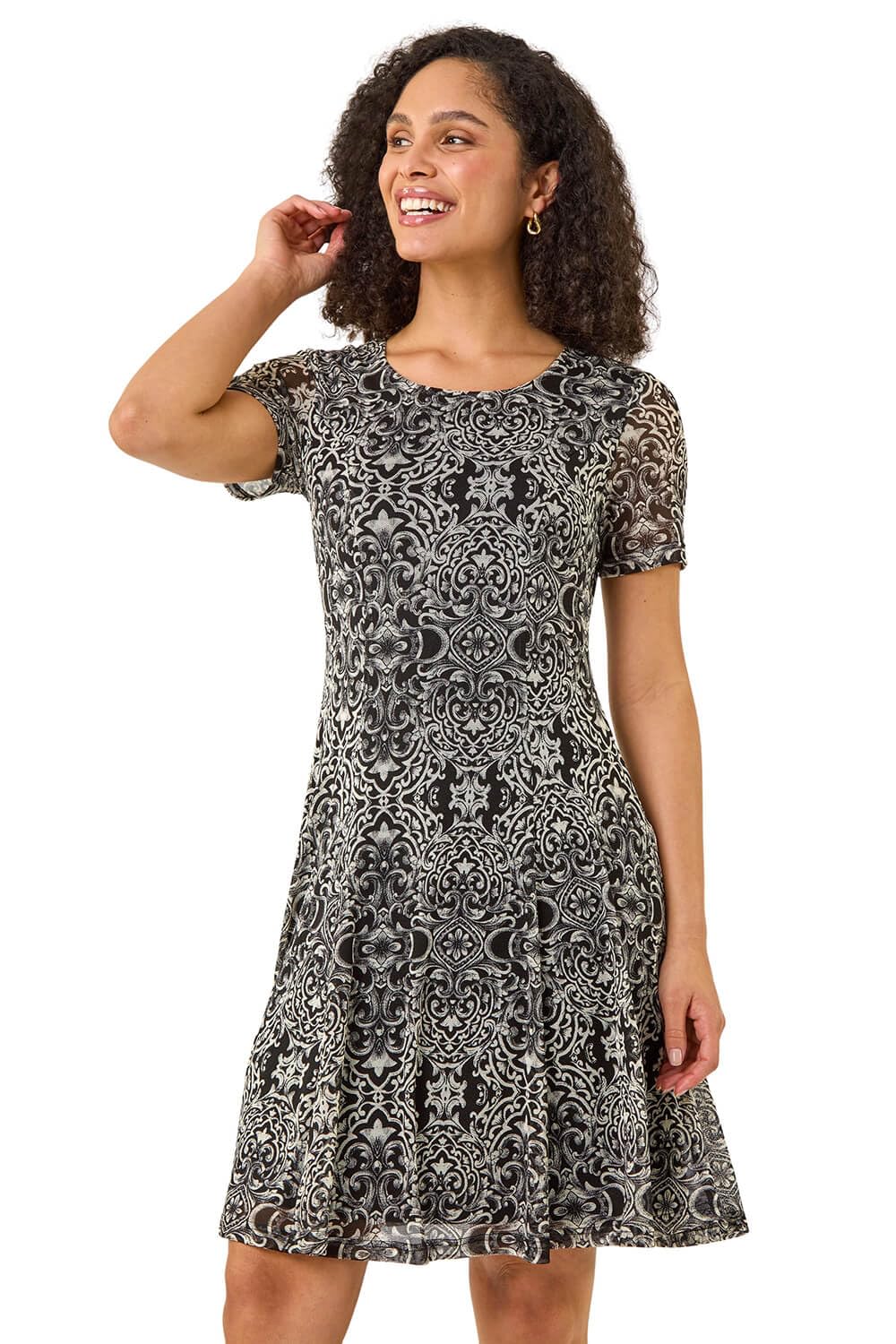 Roman Women's Black Printed Mesh Dress In | Size: 10