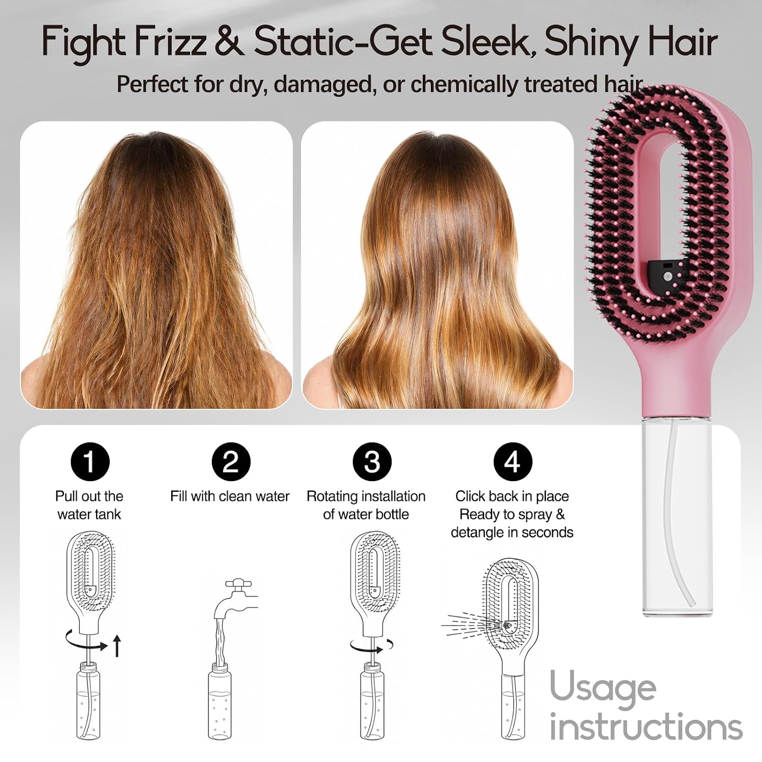 2-in-1 Misting Detangling Hair Brush with Fine Spray – Anti-Frizz & Static Control for Fine, Dry & Flyaway Hair – Smooth & Shine Everyday Styling Brush, Wet or Dry Use (1, Pink)