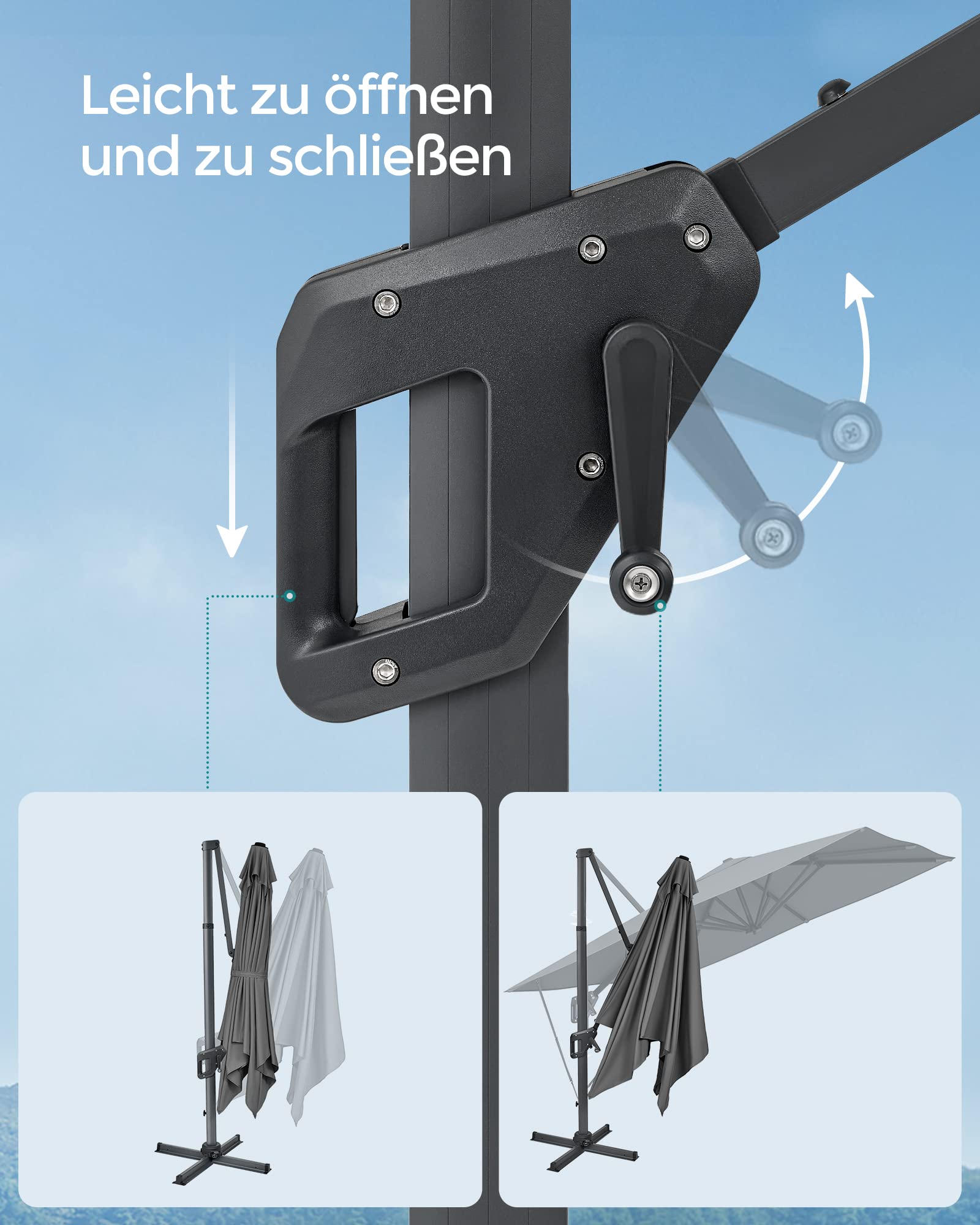 SONGMICS Sonnenschirm 290 x 290 cm, Ampelschirm, Gartenschirm, UV-Schutz UPF 50+, um 360° drehbar, Neigungswinkel verstellbar, mit Ständer, Befestigungsgurten und Abdeckung, rauchgrau GPU039G01
