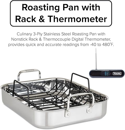 Miniatura 5 de Viking Culinary - Asador y estante de acero inoxidable de 3 capas con termómetro de sonda de termopar de lectura instantánea de bonus, 16 x 13 x 3