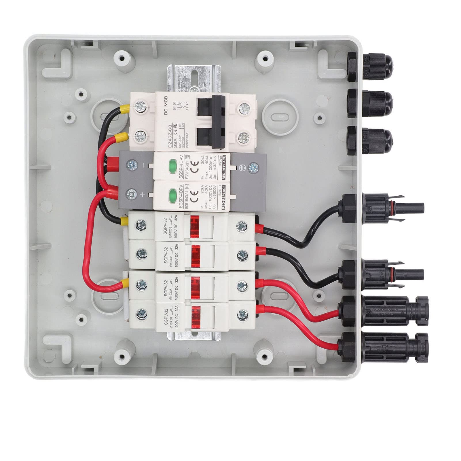 Scatola Combinatrice Solare Fotovoltaica a 4 Stringhe, Scatola di Distribuzione Fotovoltaica PC PA66 DC1000V 15A Fusibile 32A Interruttore, 2 in 2 out Protezione Contro i Fulmini IP65 per