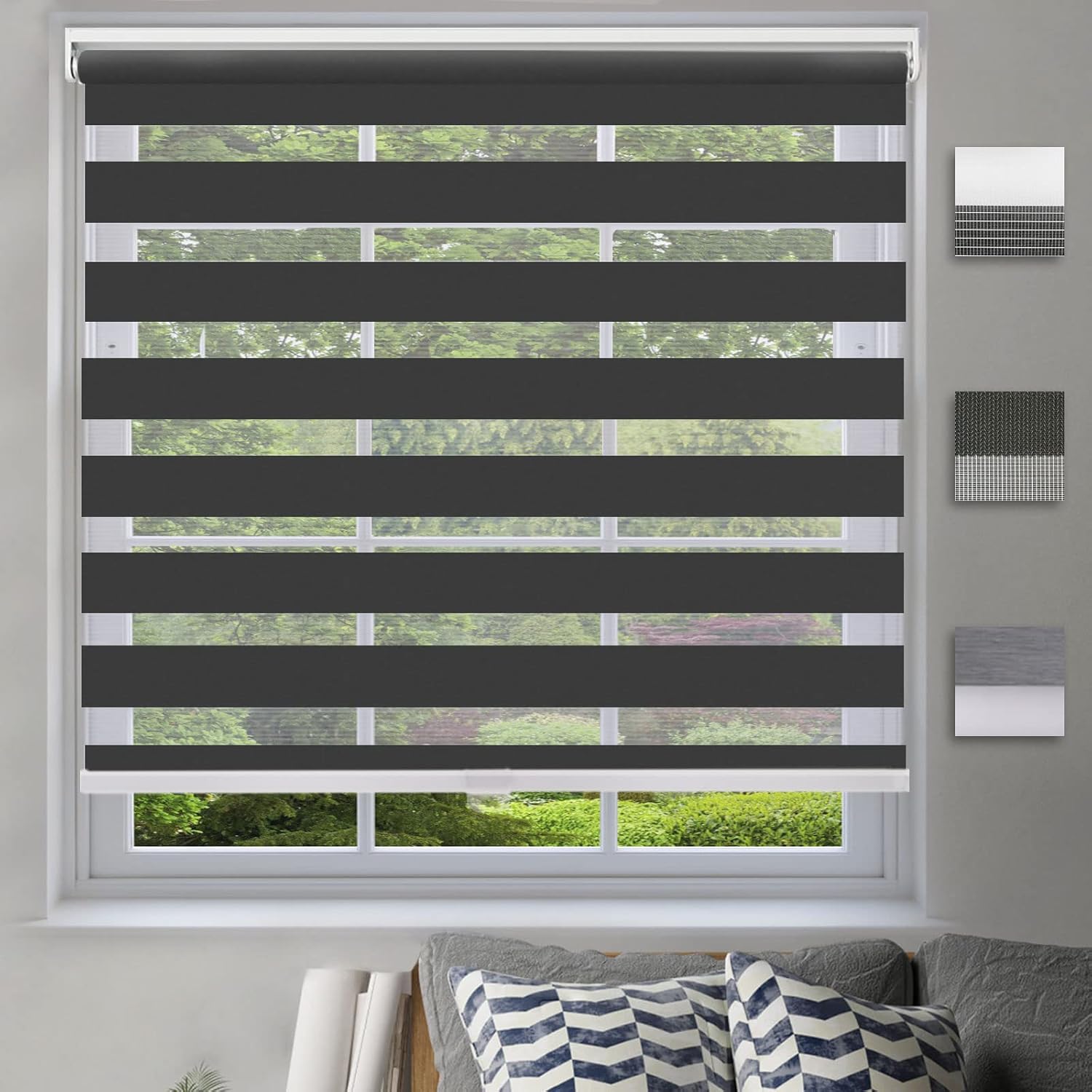 Cordless Dual Layer Fabric Zebra Roller Shades,Custom Light Filtering Zebra Blinds,Sheer or Privacy,Room Darkening Horizontal Window Treatment [Black, Size 31 ½W x 56 H] Easy to Install Custom Size