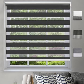 Cordless Dual Layer Fabric Zebra Roller Shades,Custom Light Filtering Zebra Blinds,Sheer or Privacy,Room Darkening Horizontal Window Treatment [Black, Size 31 12"W x 56" H] Easy to Install Custom Size