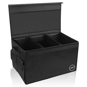 DOUBLE R BAGS 3-Compartment Foldable Car Trunk Organizer with Lid Cover, 3 Pockets – Heavy-Duty, Portable Boot Storage Box for SUV, Car, Garage & Minivan (Black)