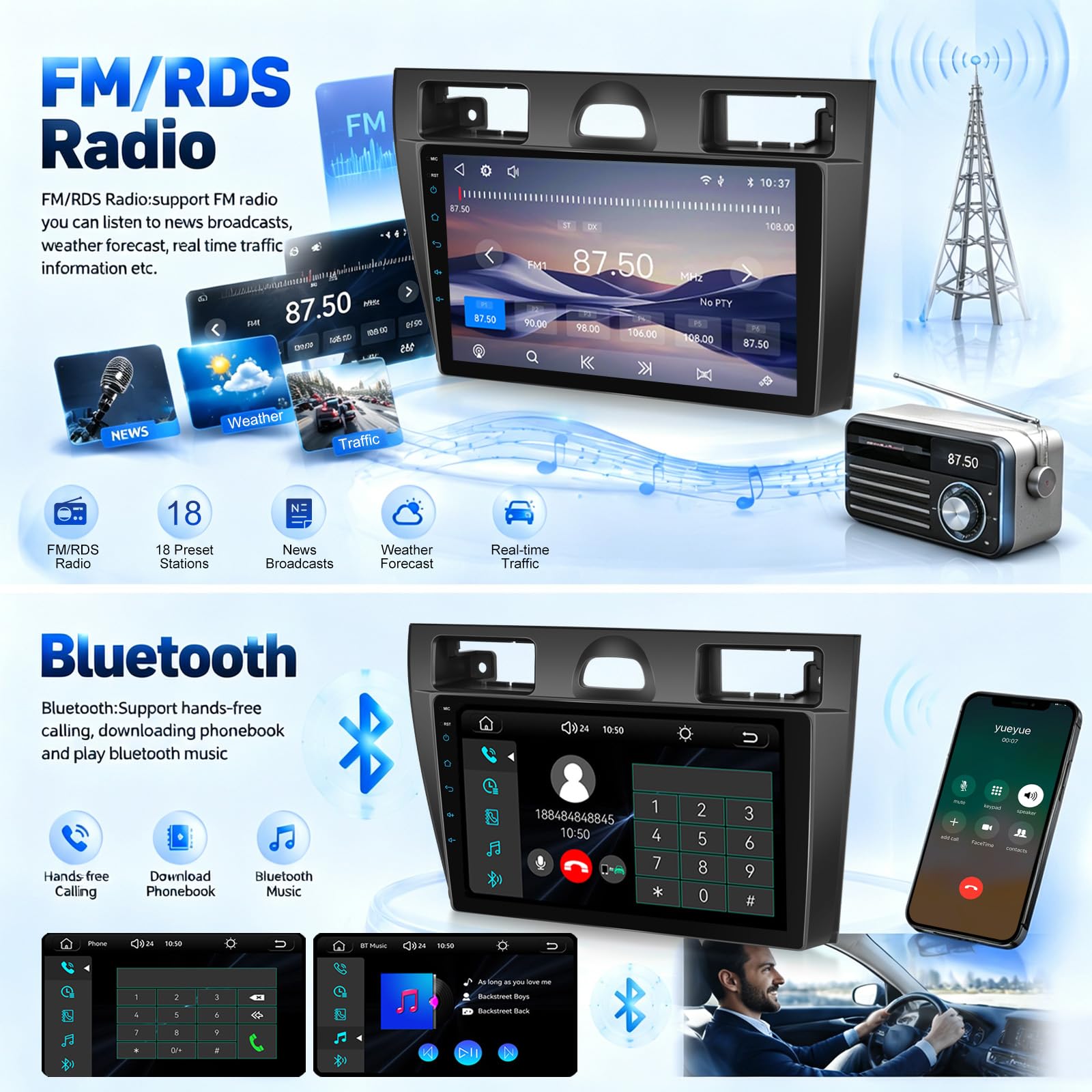 Radio del Coche pour Ford Fiesta 2000-2008+CarPlay Sans Fil/Android Auto