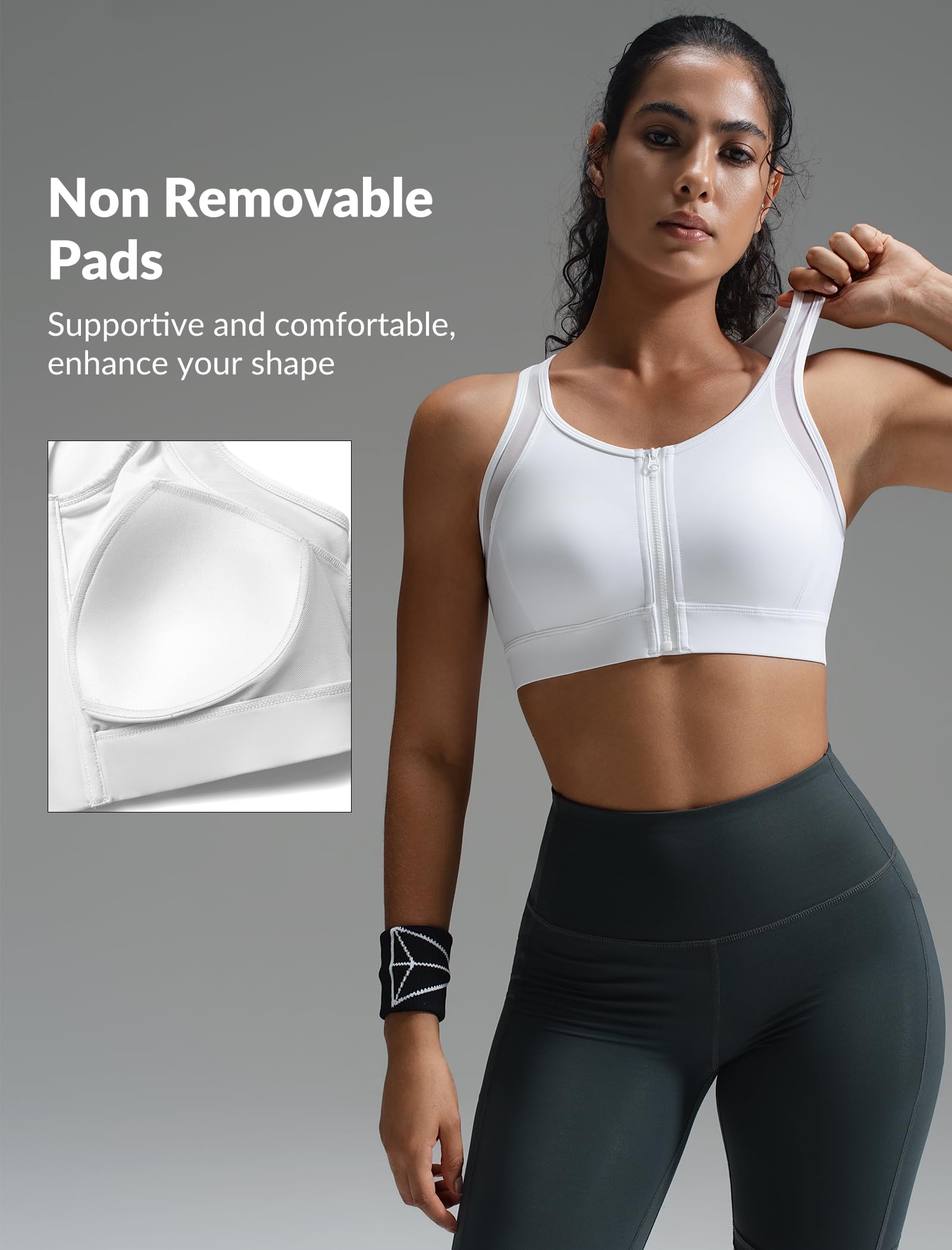 Yvette Soutien-gorge de sport à fermeture éclair sur le devant pour femme, en maille à fort impact, dos nageur, soutien complet, grande taille pour la course à pied