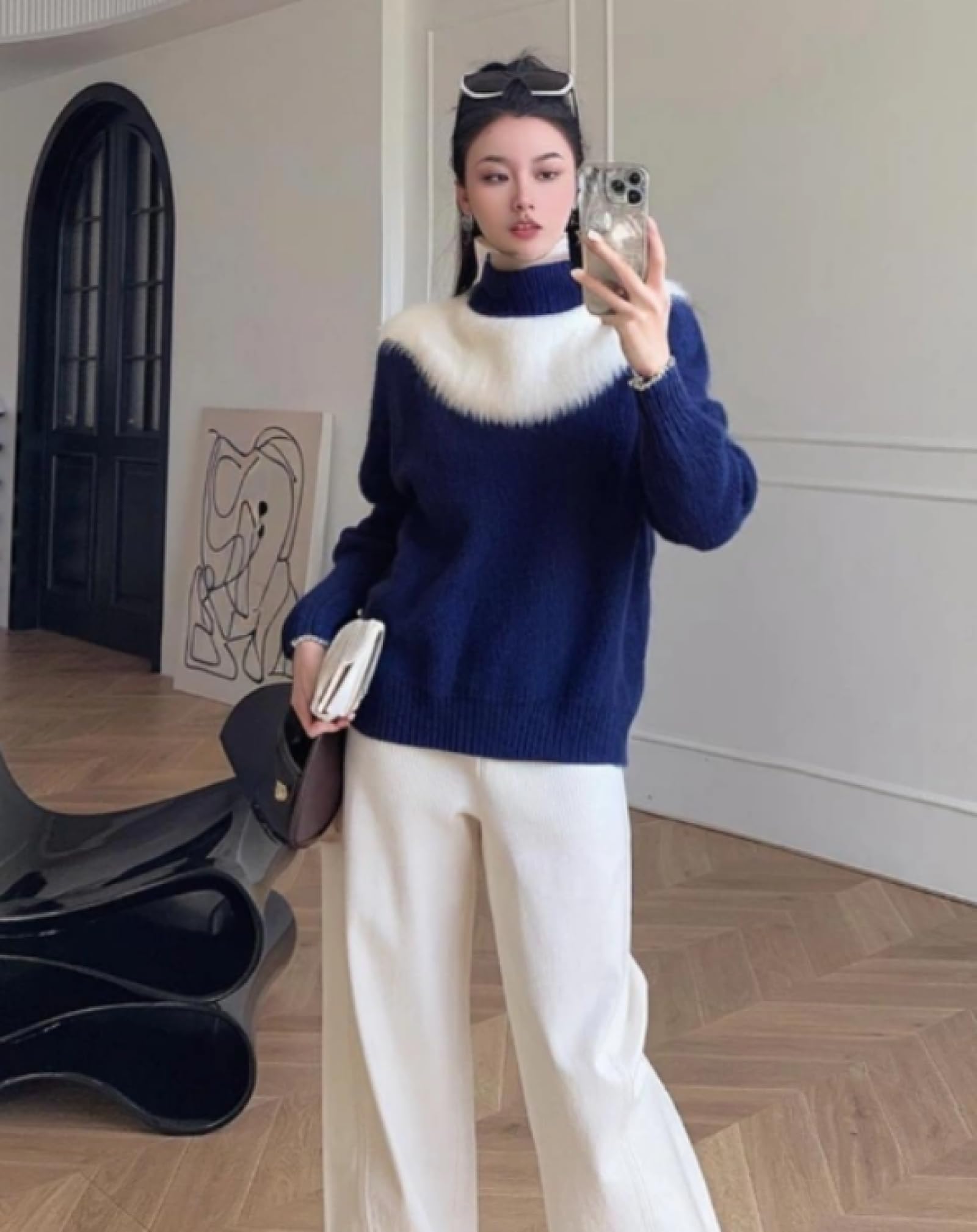 Puszysty sweter z moheru dla kobiet, miękki, puszysty, szenilowy, granatowy, lekki, damski sweter z golfem, do pracy, luźny