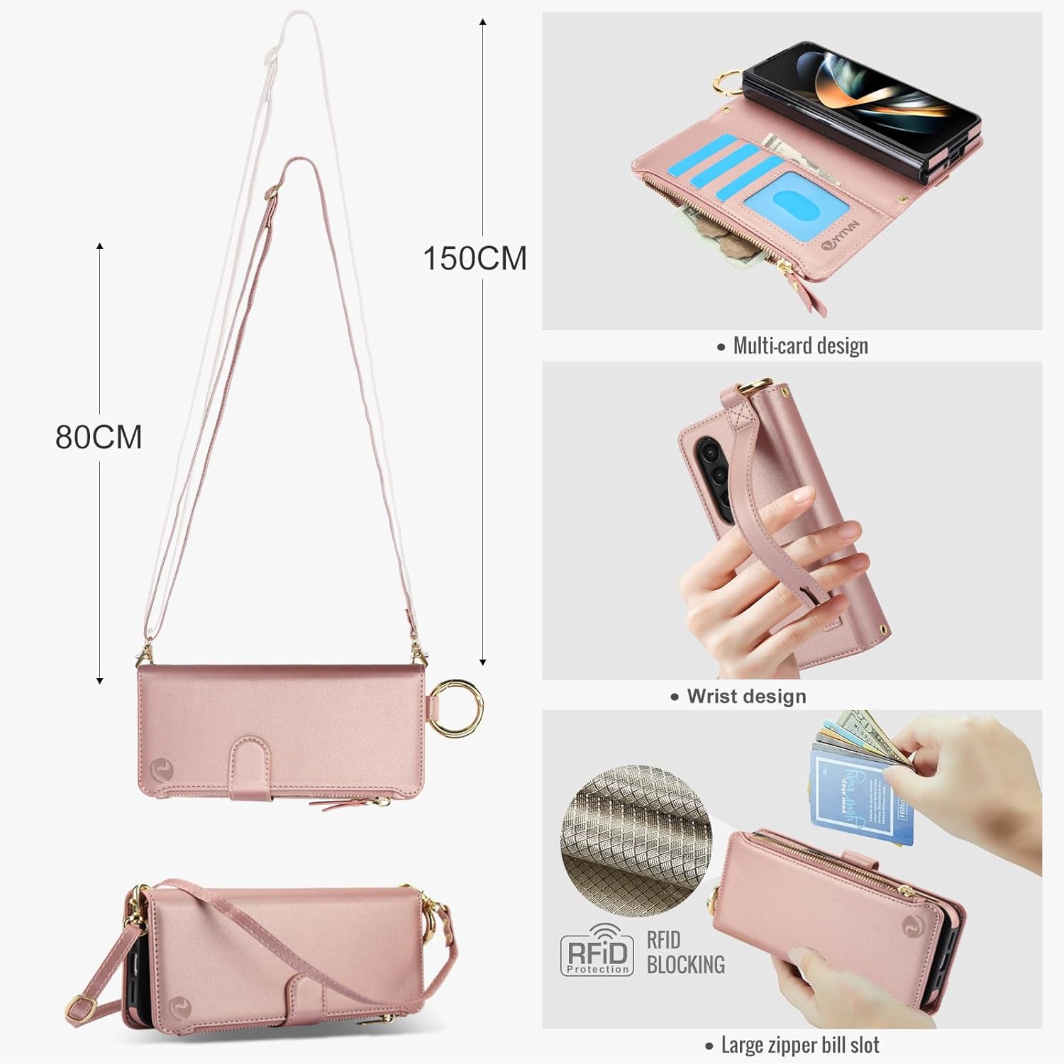 for Samsung Galaxy Z Fold 4 Case Wallet with RFID Blocking Card Holder and Shoulder Strap Wrist Strap, Multi-Function Stylish Ring Zipper Purse Case for Galaxy Z Fold 4, Rose Gold