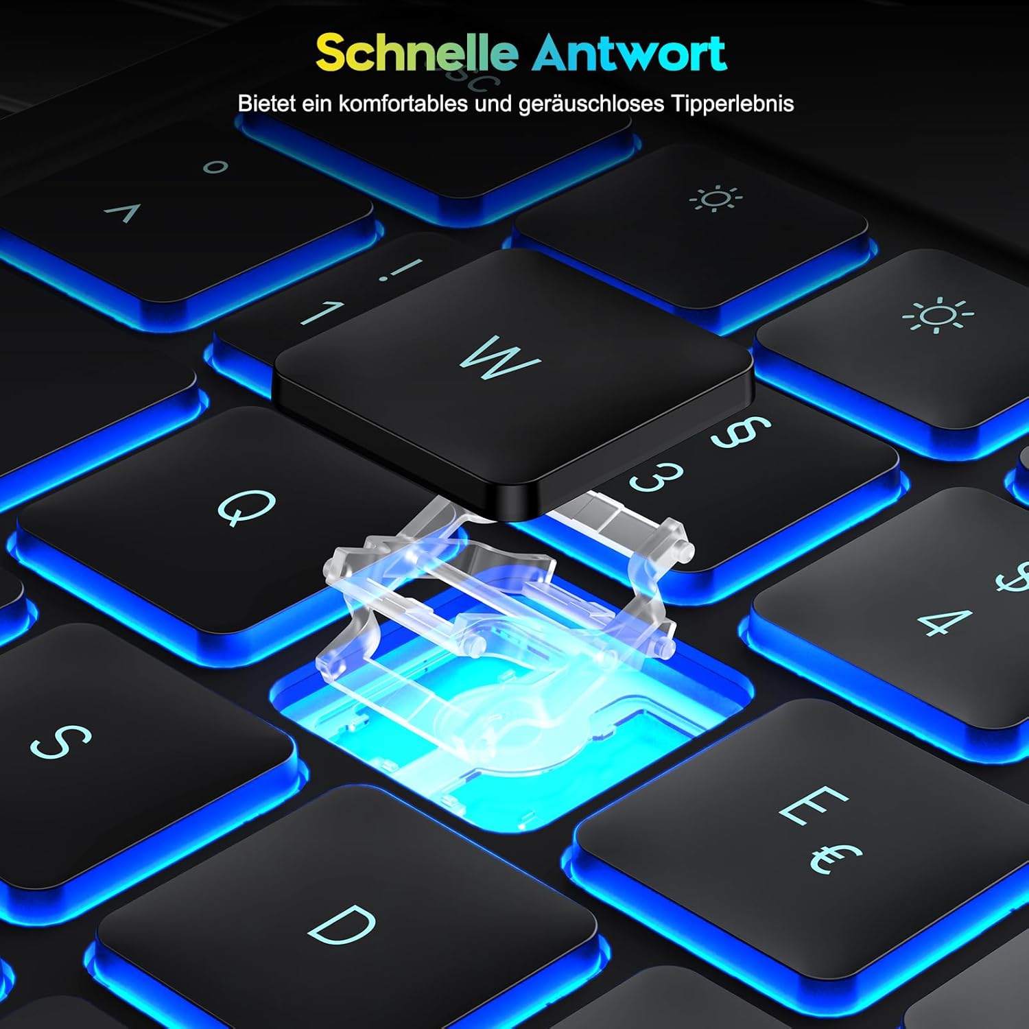 Close-up of a keyboard key, showing the scissor-switch mechanism underneath, highlighting quick response.