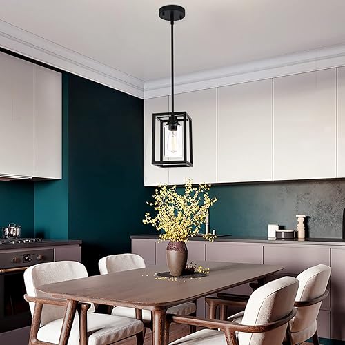 Miniatura 8 de Lámpara colgante de granja negra, lámpara de isla de cocina industrial, lámpara de araña lineal rectangular de metal colgante con pantalla de vidrio