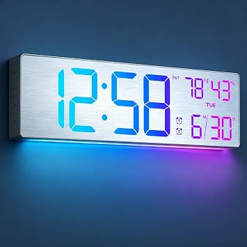 18.5" Large Digital Wall Clock with Remote Control, Big LED Display Digital Clocks with Night Light, Alarm, DST, Temp, Date for Living Room, Bedroom, Office, Classroom, Gifts for SeniorsSilver