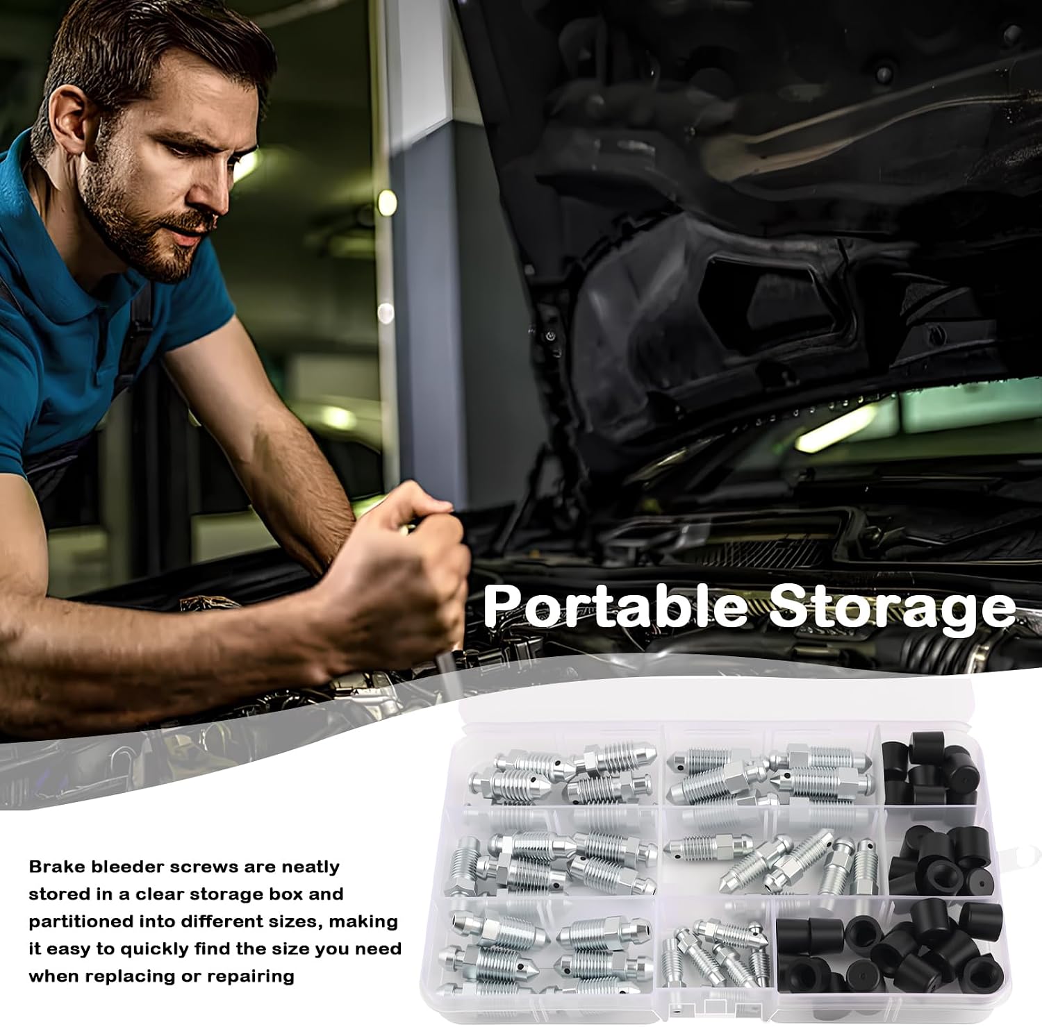 36PCS Brake Bleeder Screw Kit with Dust Cap,Multi-Size SAE & Metric Brake Bleeder Valve Kit Replacement H9403-6 H9410-6 H9406-6 H9402-6 H9407-6,Brakes Bleed Kits with Storage Box