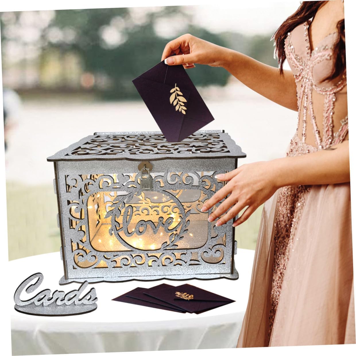 Wooden Hollow Greeting Card Box with Slot and Lock, Rustic Wedding and Anniversary Card Storage Box for Party, Birthday, and Bridal Shower Decorations