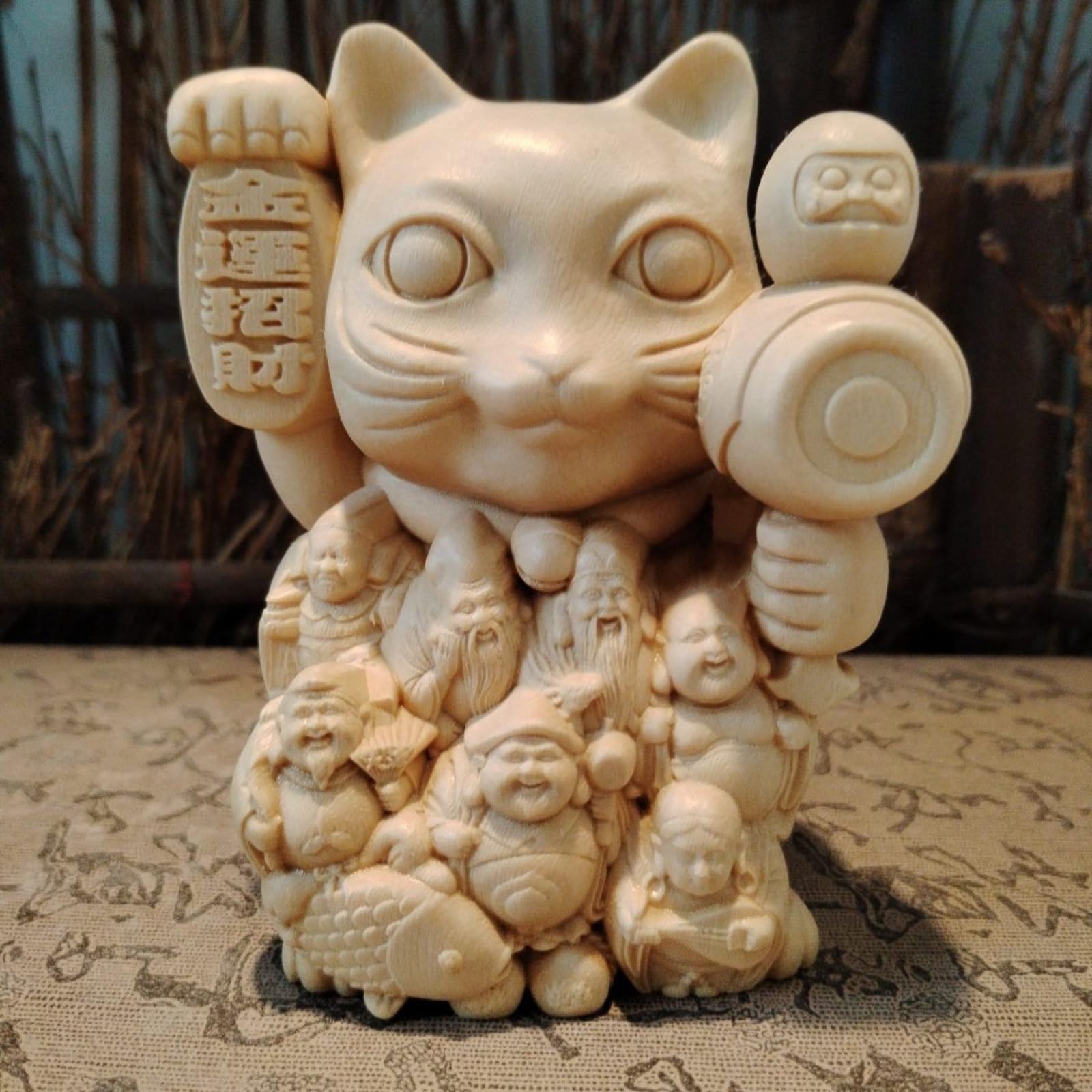 Statue dieu de la richesse chat bois Feng Shui 10cm statuette chinoise porte-bonheur