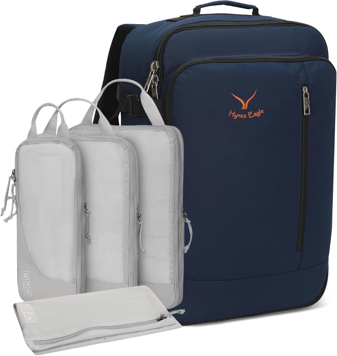 Hynes Eagle Carry on Backpack 38L Large Travel Backpack Women Flight Approved Weekender Bag Men Laptop Bag 15 inches Dark Blue with Compression Packing Cubes Set 4PCS Light Grey
