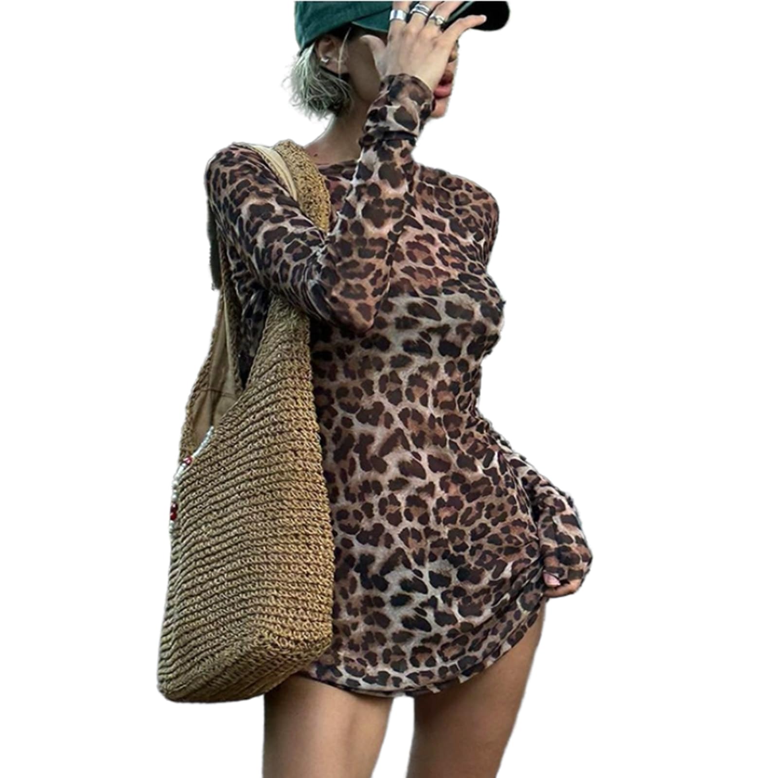 Autumn Leopard Print Mini Dress Fashion Personality Mesh See Through Long Sleeves Sexy Slim Dresses Summer Women Streetwear