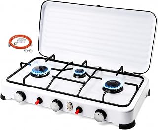Gaskocher Campingkocher Outdoor 3 Flammig - 5,4KW Leistung LPG-Gas Camping Stove mit Auto-Zündung, 150cm Gasschlauch & Gasdruckregler 50mbar für Trekking und Camper, Weiß