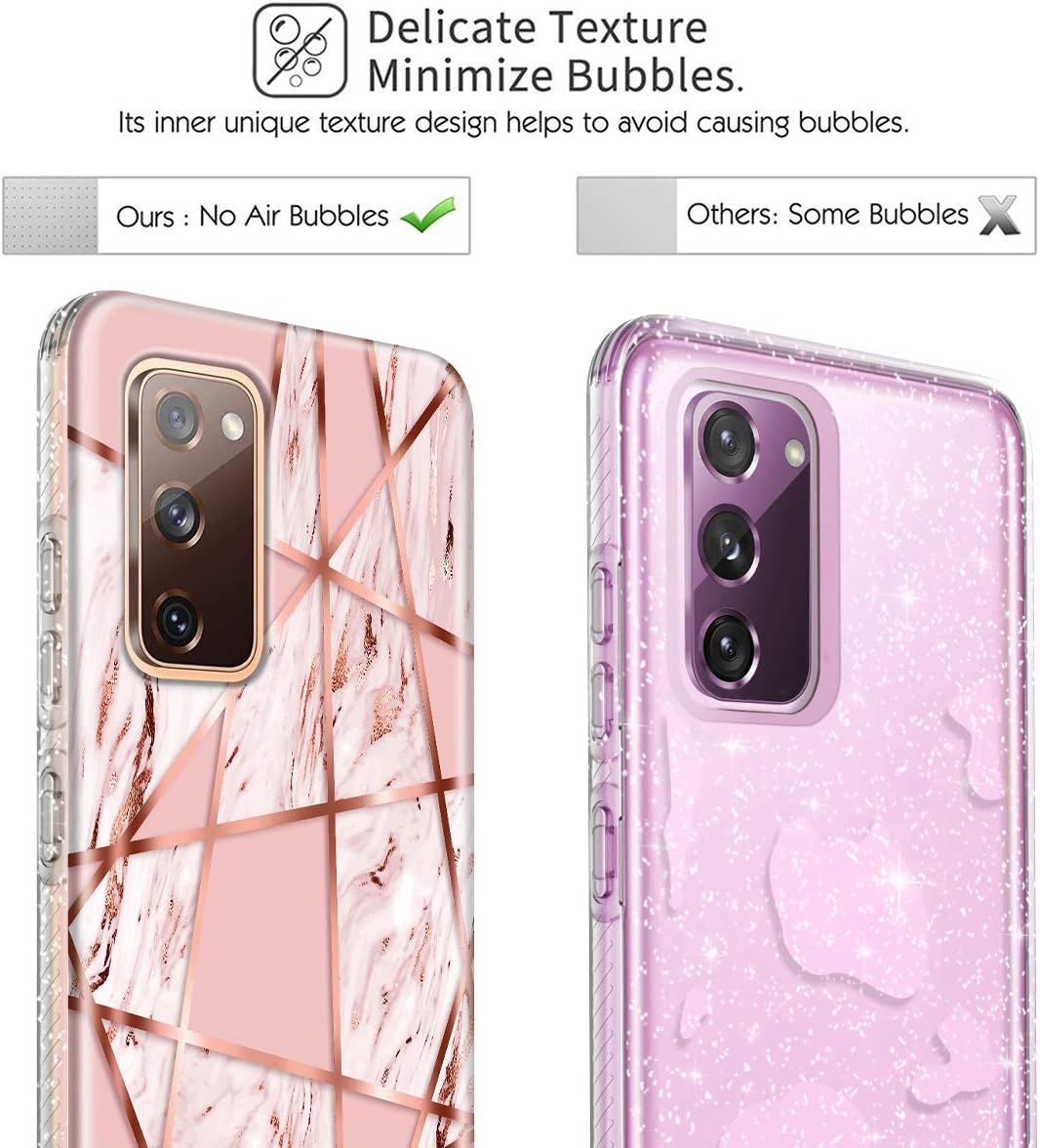 Hekodonk for Galaxy S20 FE 5G Case, Clear Design TPU Bumper Protective Silicone Shockproof Yellow-Resistant Anti-Scratch Cover for Samsung Galaxy S20 FE/S20 Fan Edition Glitter Marble Pink