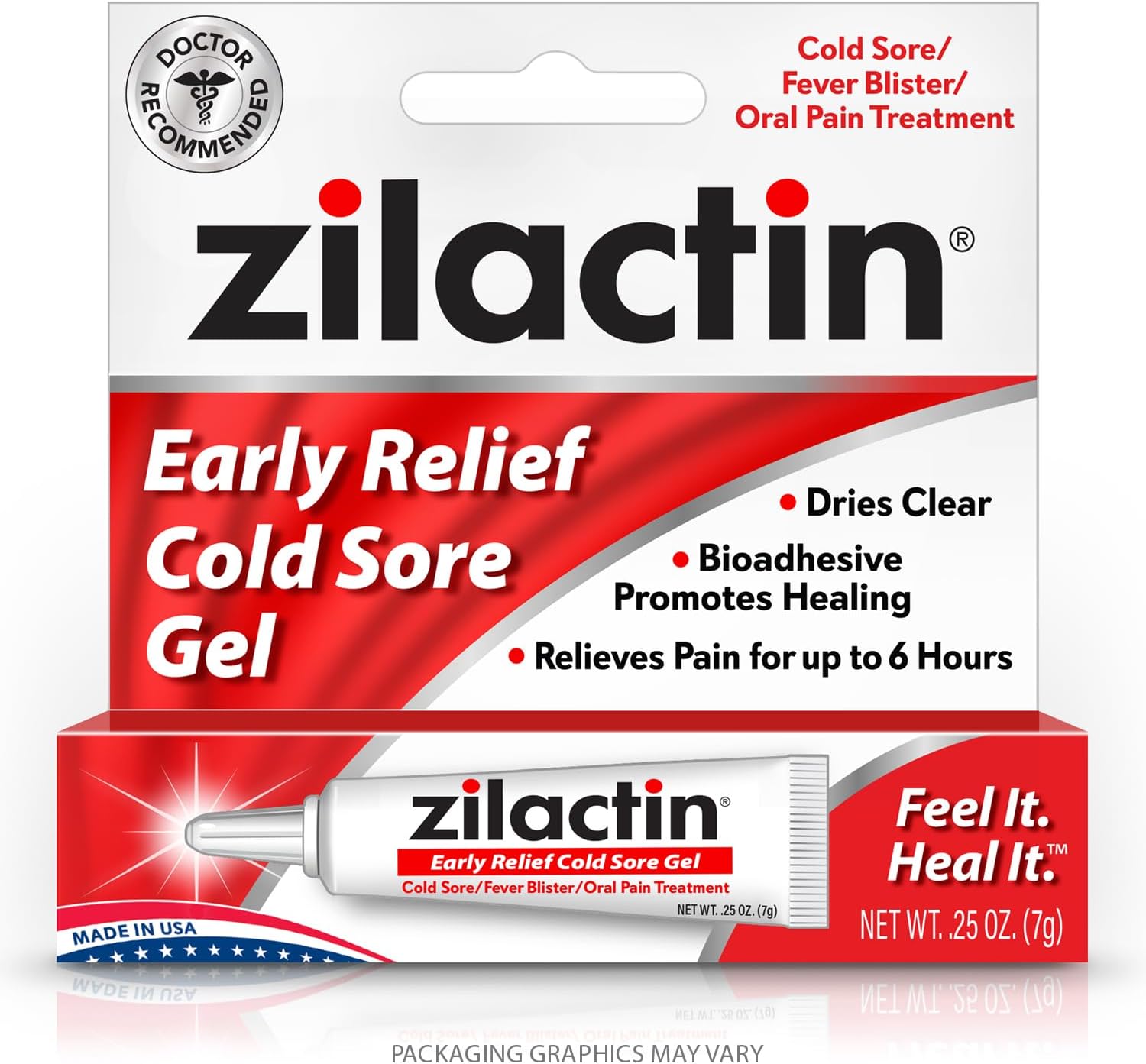 Zilactin Early Relief Cold Sore Treatment - Fast Relief of Cold Sores and Fever Blisters, Made in USA, 0.25oz Gel, Pack of 1