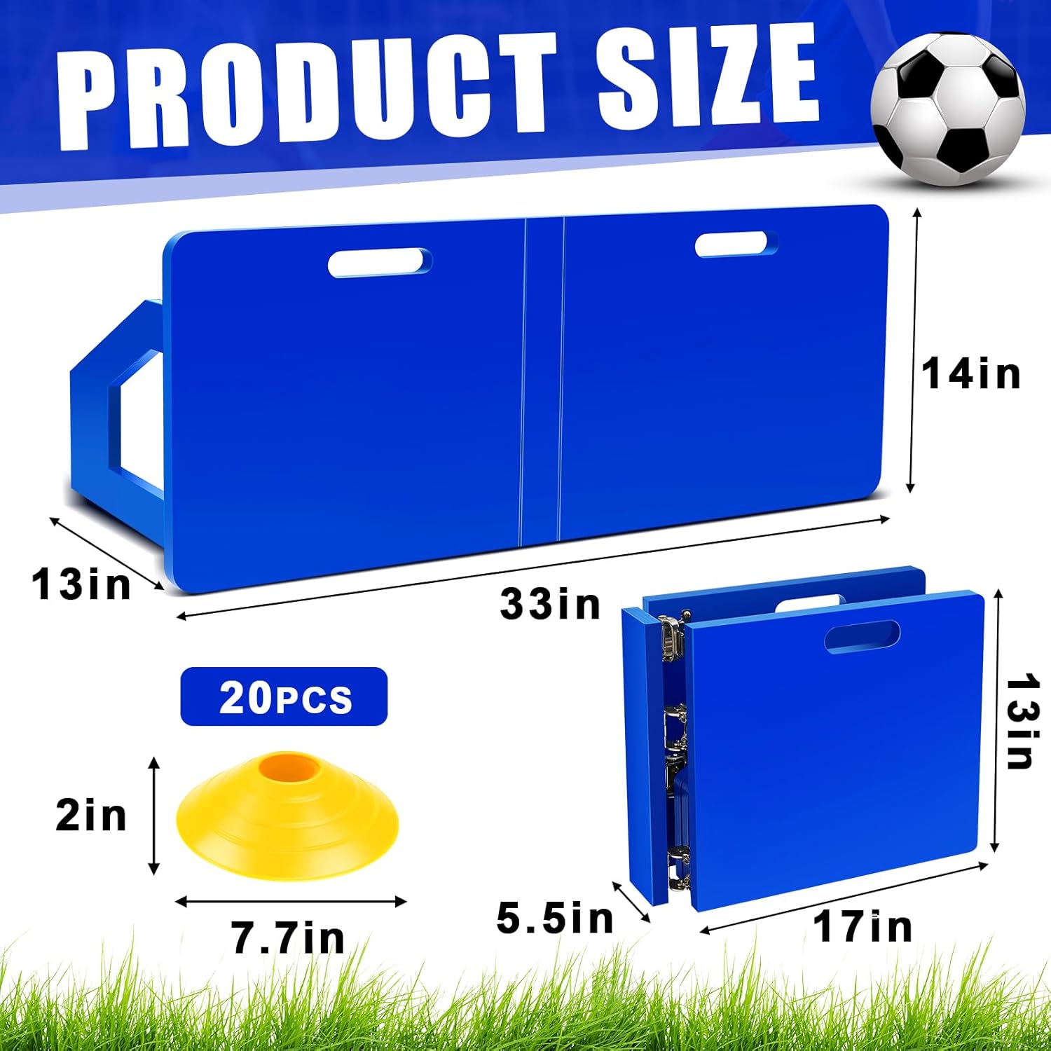 Poen Foldable Soccer Rebounder Wall 33 x 13'' Soccer Rebounder Board with 2 Angles Portable Soccer Trainer Board Soccer Training Equipment with 20 Agility Cones for Control Shooting Practice (Blue)