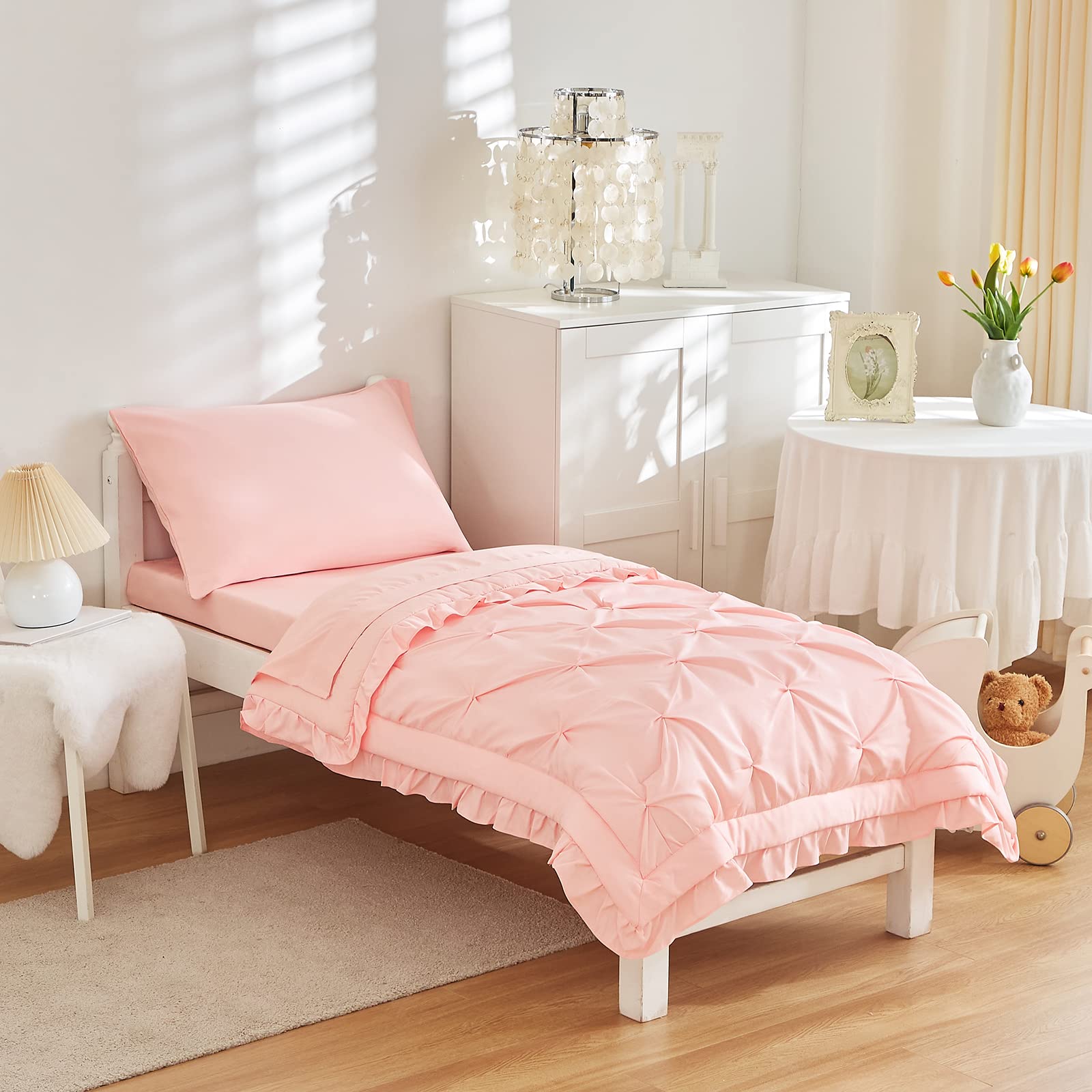 Juego de ropa de cama plisada de 4 piezas para niños pequeños con flecos de volantes, juego de sábanas unisex de color rosa liso para bebés y niñas, incluye edredón, sábana encimera, sábana bajera y
