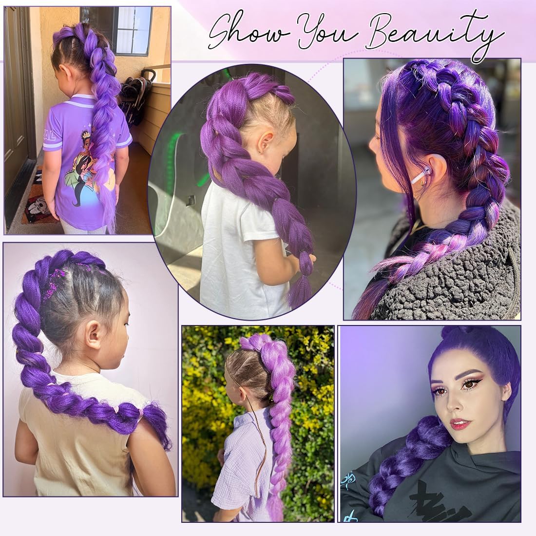 Długa, fioletowa, syntetyczna, pleciona peruka, 61 cm, dla dziewcząt, do kostiumów, na imprezę, Halloween lub cosplay (2 sztuki)
